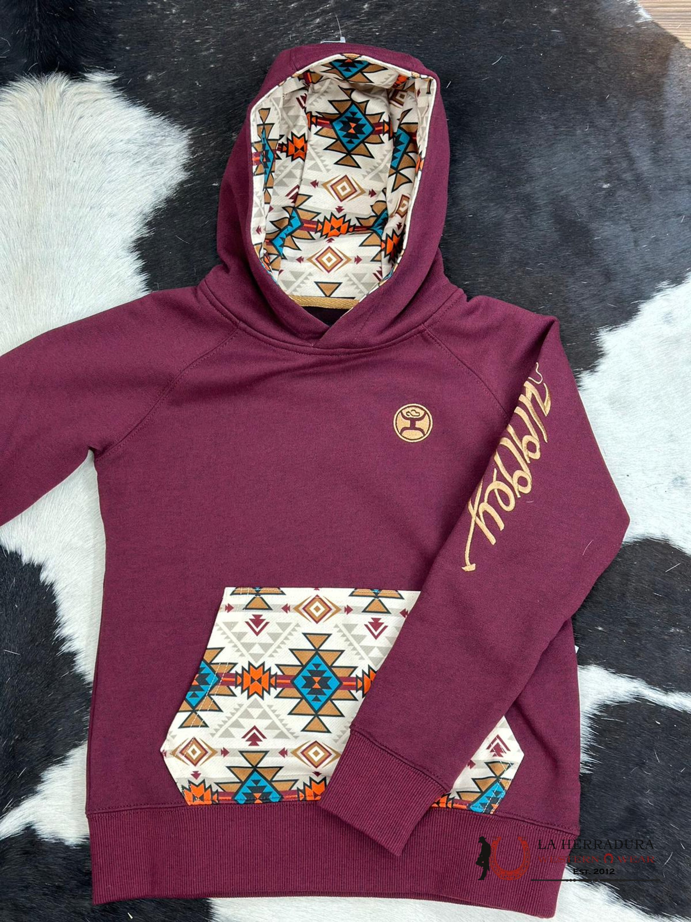 Hooey Girls Aztec Pattern Pocket Maroon Hoodie Niños