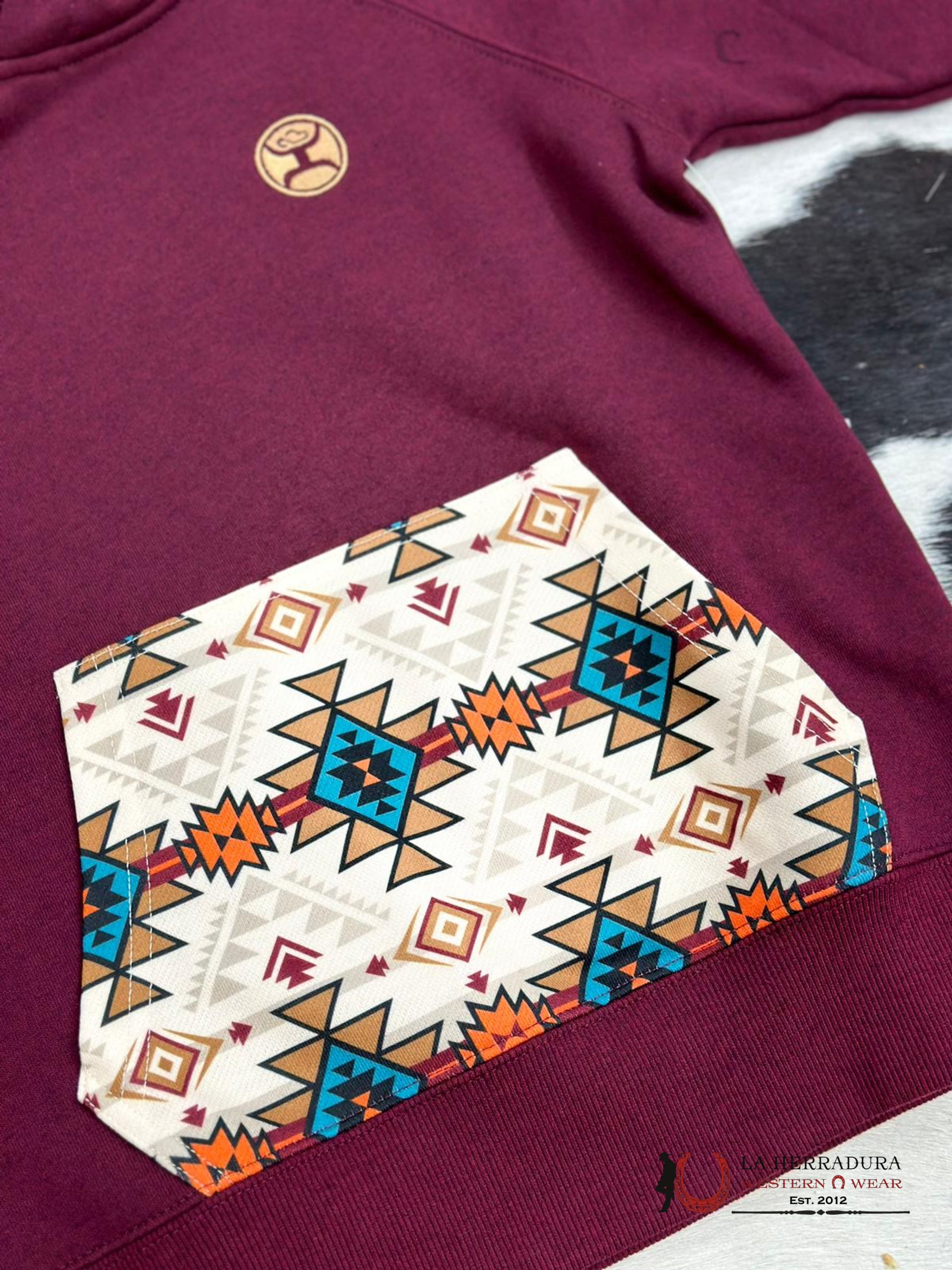 Hooey Girls Aztec Pattern Pocket Maroon Hoodie Niños