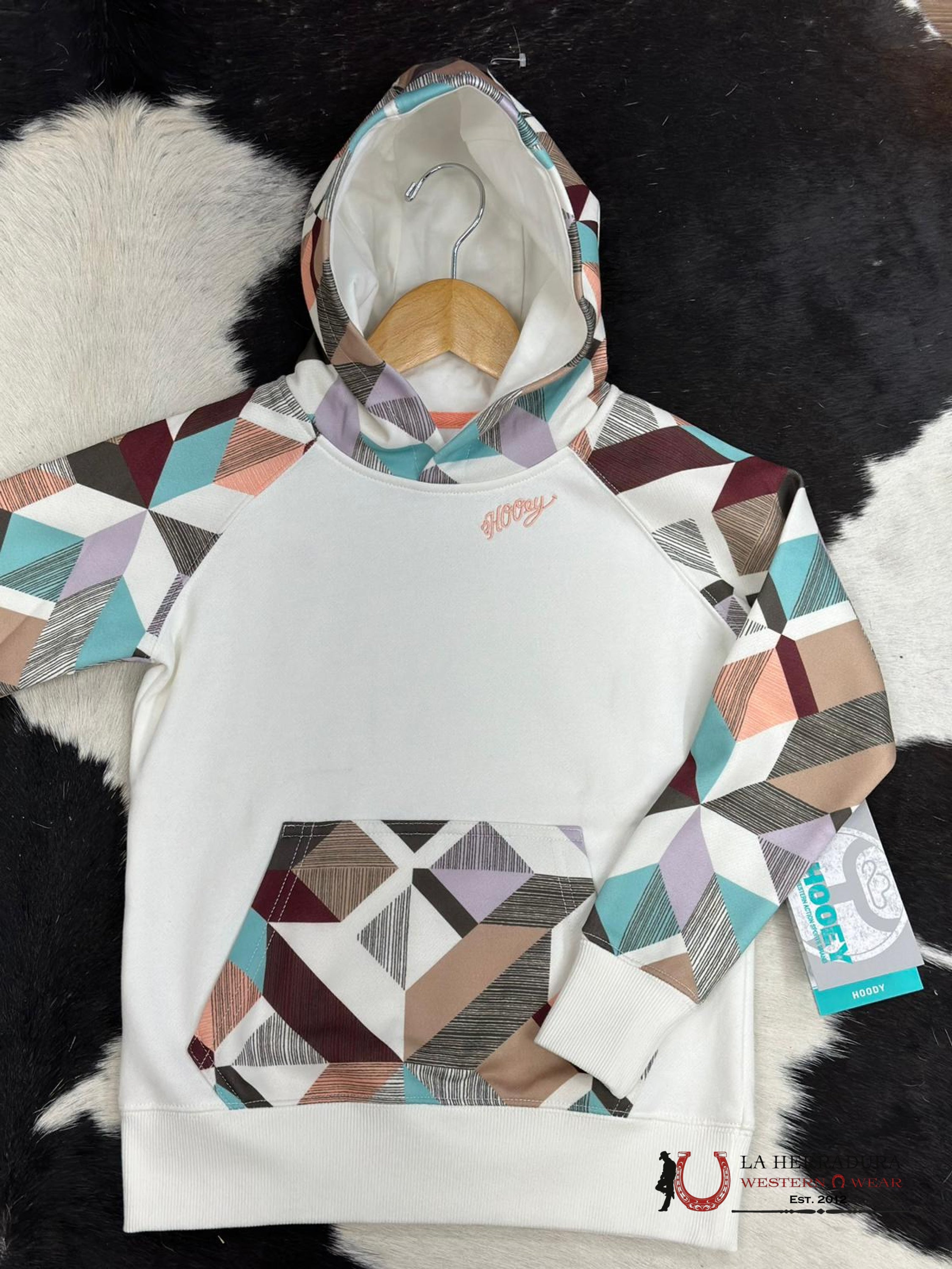 Hooey Girls Geometric Pattern White Hoodie Niños