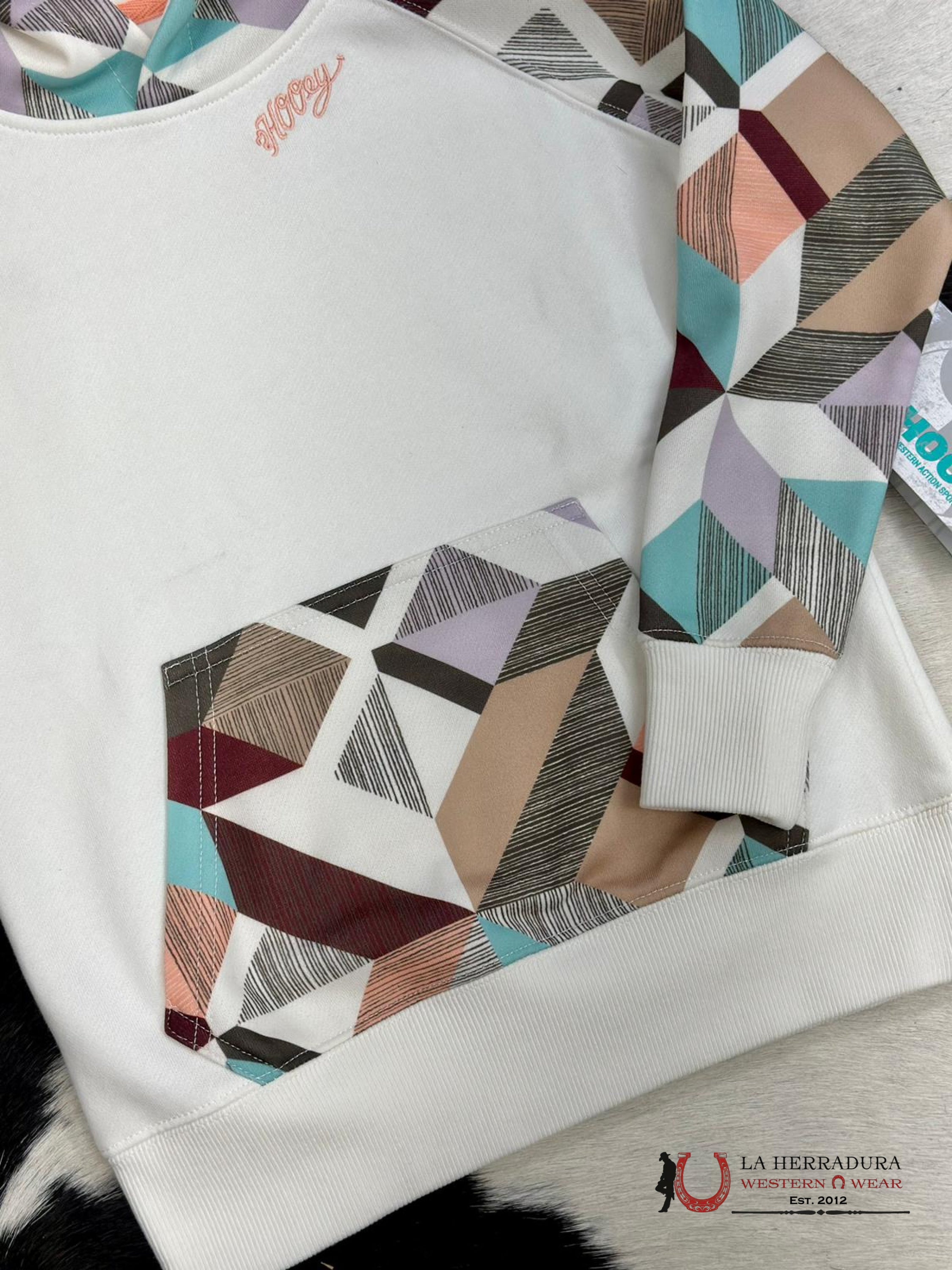Hooey Girls Geometric Pattern White Hoodie Niños