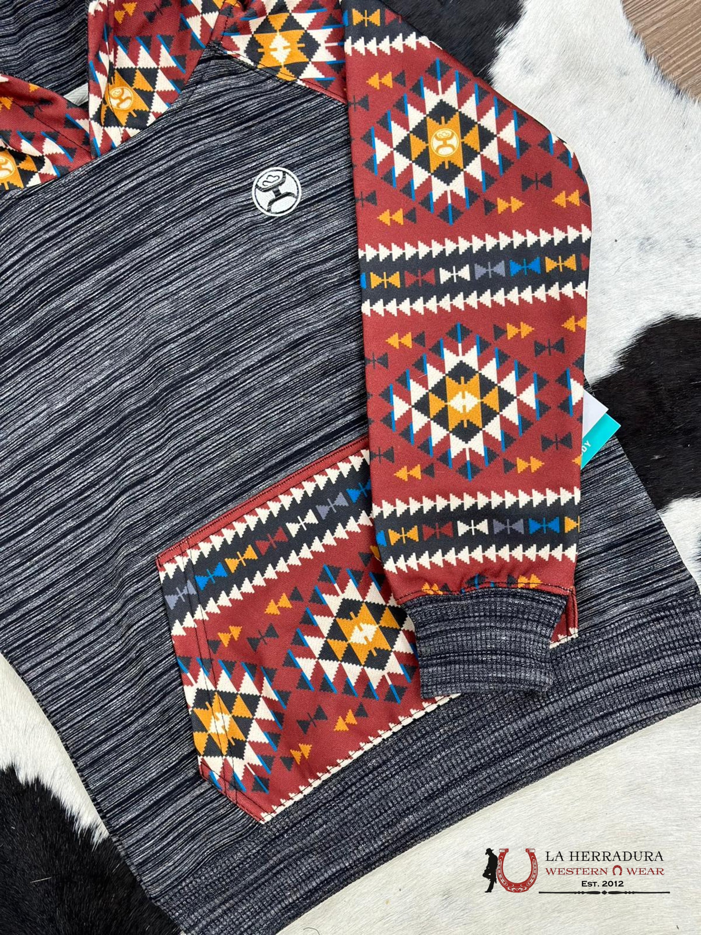 Hooey Girls Red Aztec Pattern Pocket Grey Hoodie Niños