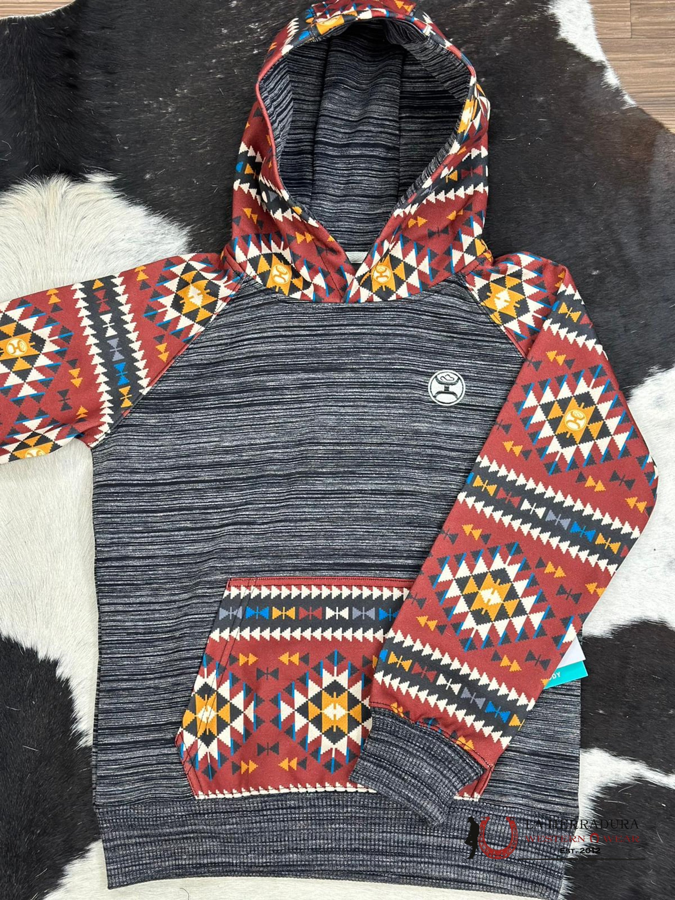 Hooey Girls Red Aztec Pattern Pocket Grey Hoodie Niños