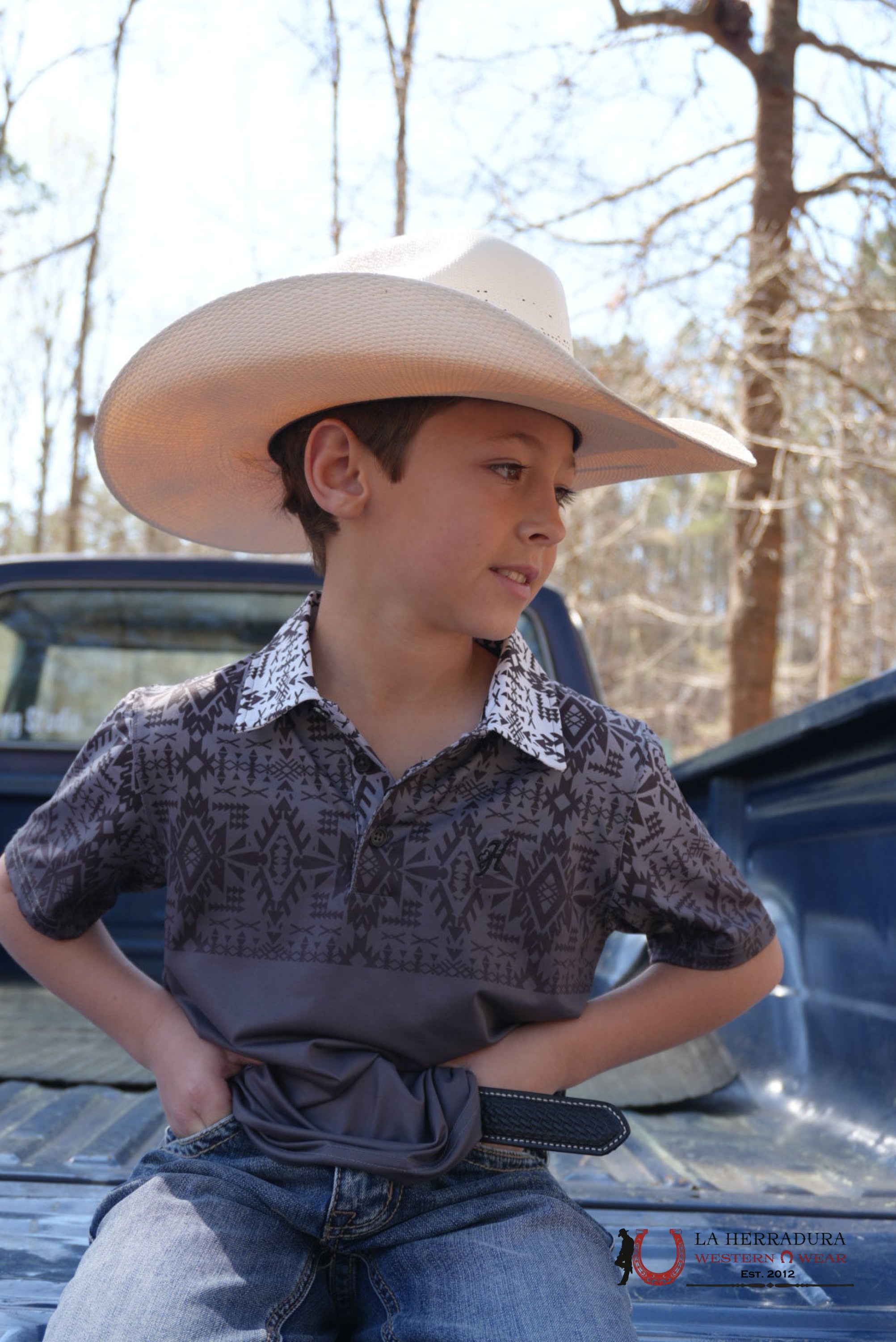 Hooey Kids Weekender Black/White Aztec Short Sleeve Polo Shirt NIÑOS
