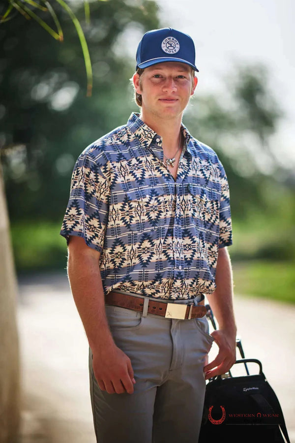 HOOEY MEN BLUE AZTEC PATTERN ALL OVER PEARL SNAP SHORT SLEEVE HT1861AZST