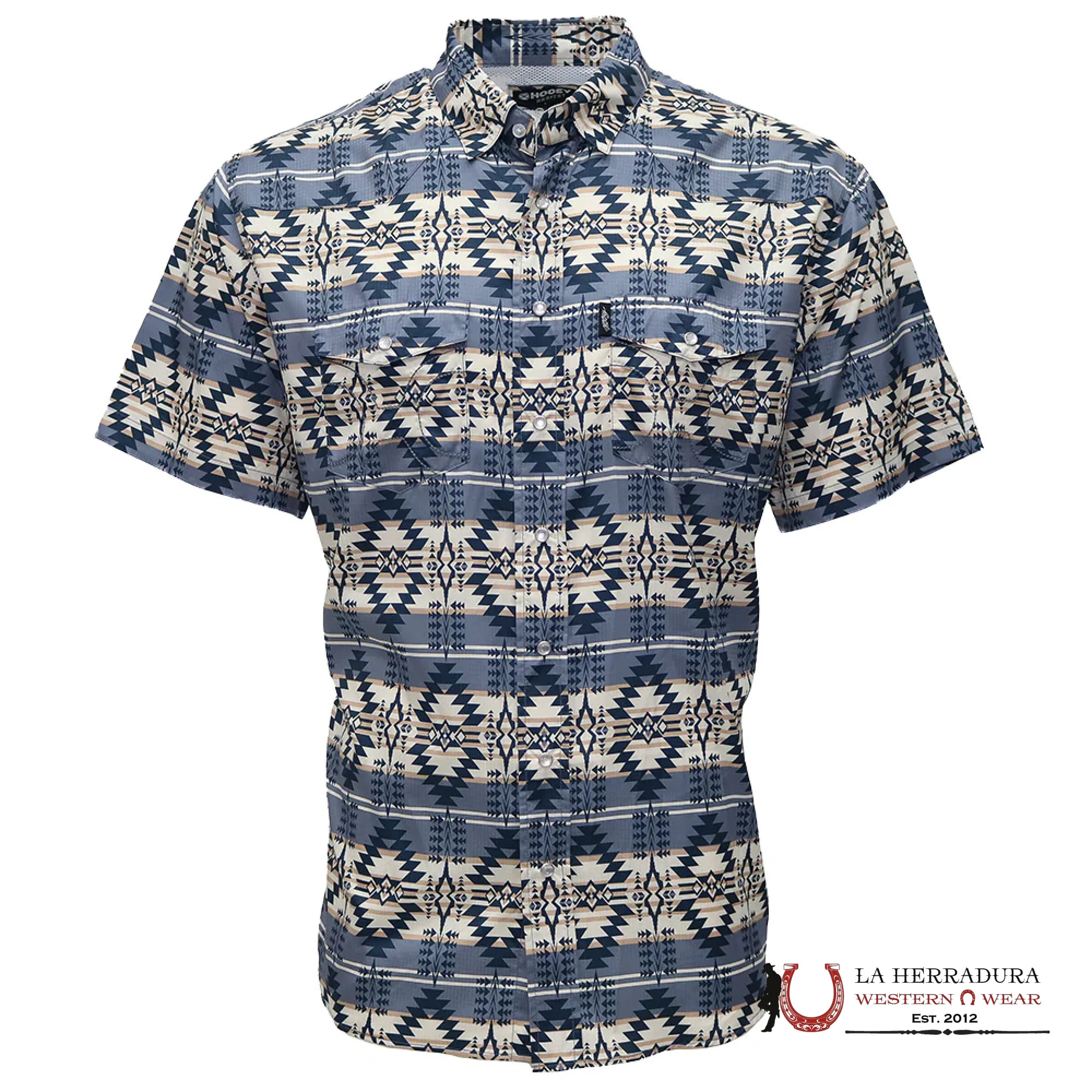 HOOEY MEN BLUE AZTEC PATTERN ALL OVER PEARL SNAP SHORT SLEEVE HT1861AZST ROPA HOMBRES