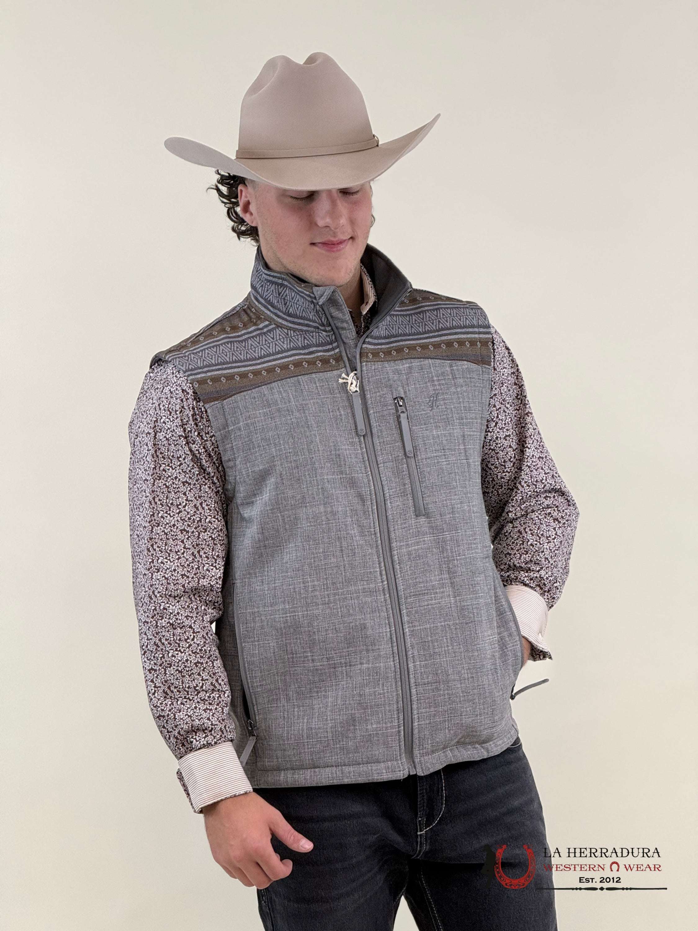 Hooey Mens Softshell Vest Grey W/ Brown & Tan Aztec Ropa Hombres