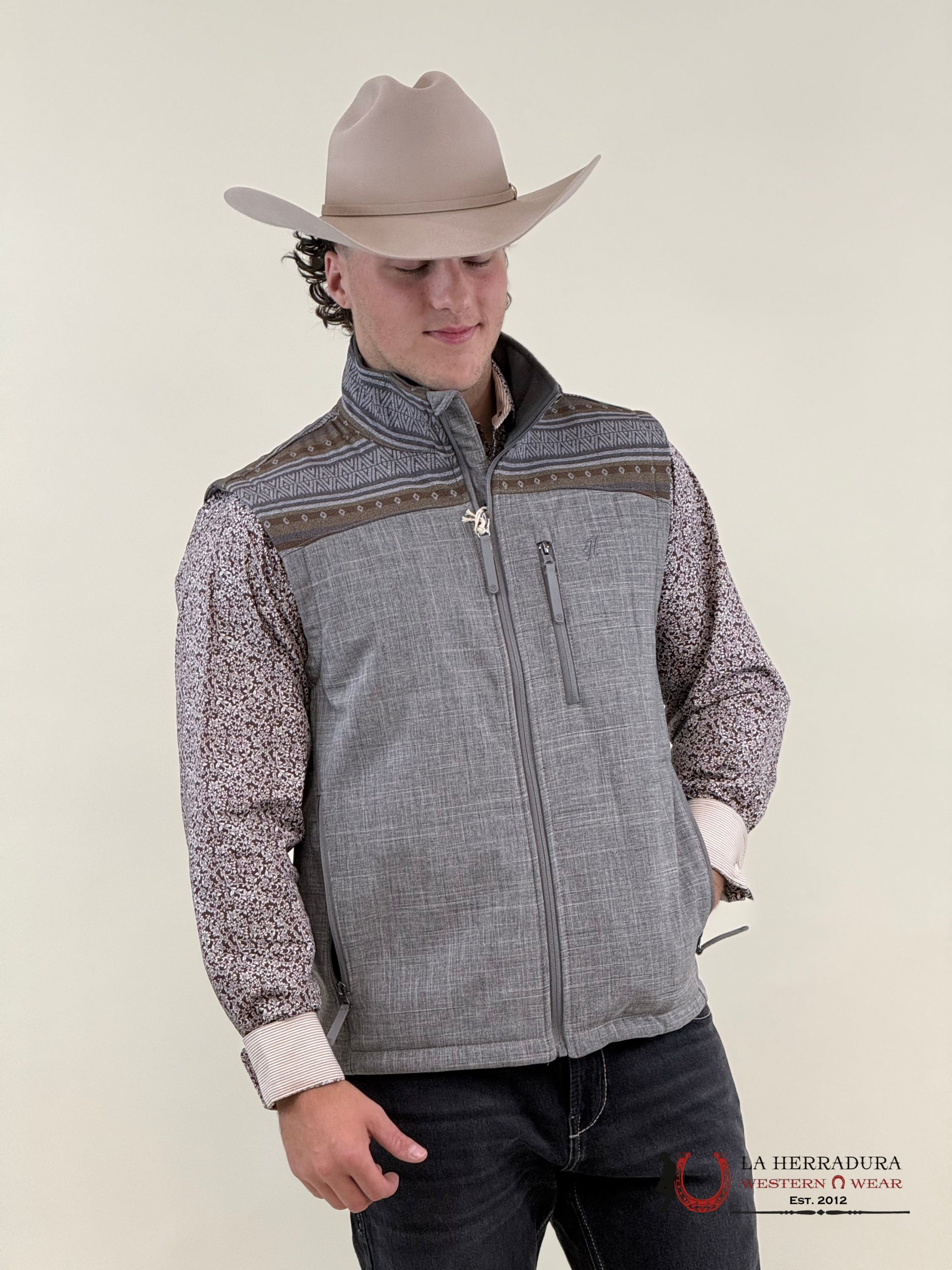 Hooey Mens Softshell Vest Grey W/ Brown & Tan Aztec Ropa Hombres