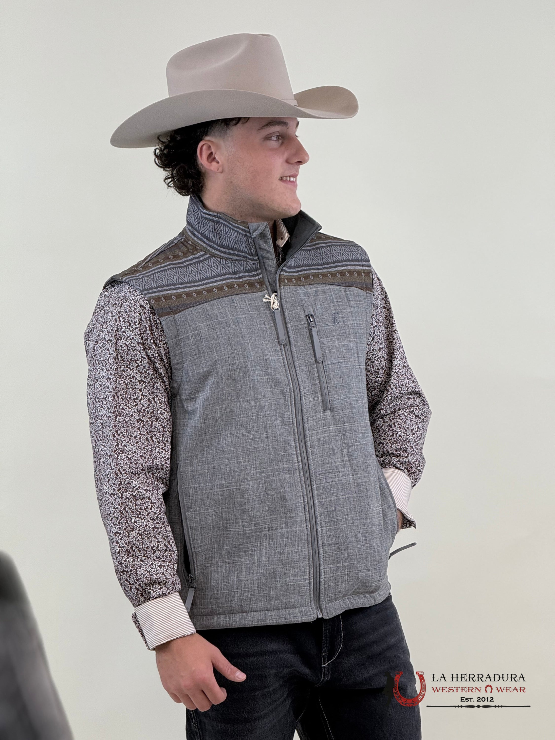 Hooey Mens Softshell Vest Grey W/ Brown & Tan Aztec Ropa Hombres