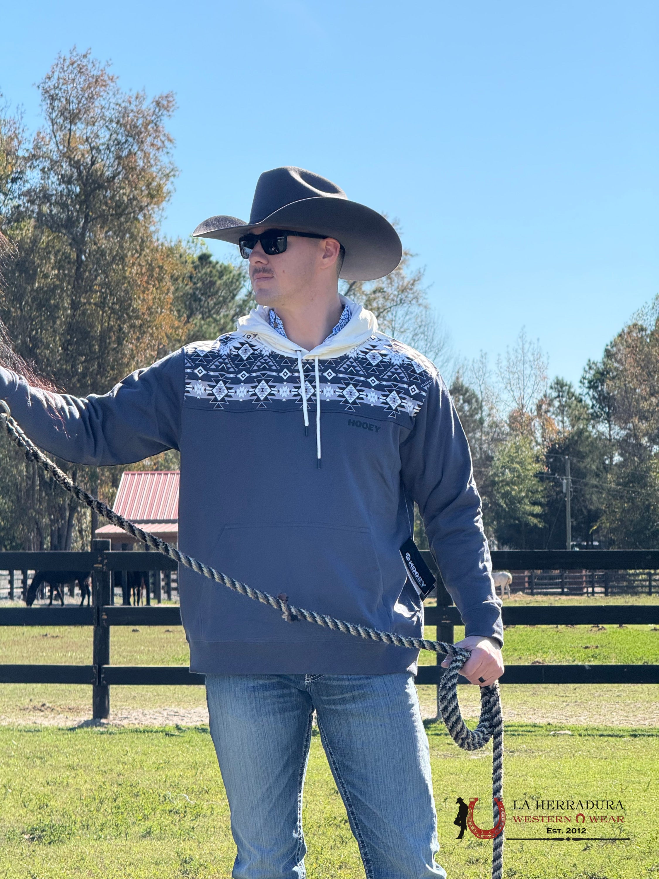 Hooey® Men’s Hoodie ’Ridge’ White/Denim W/Aztec Whde-M Ropa Hombres