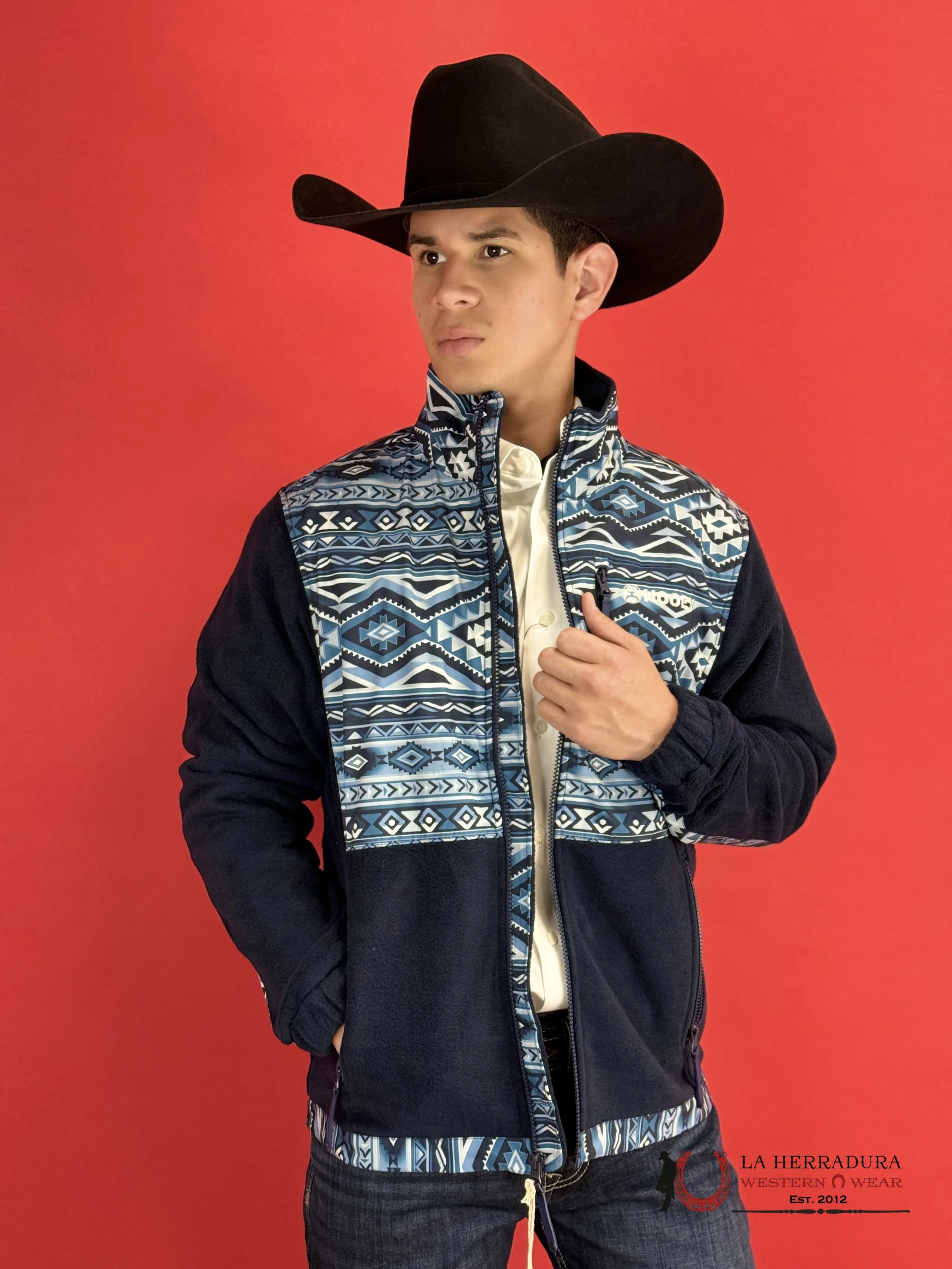 Hooey® Men’s Jacket Tech Fleece Navy Aztec Pattern Full Zip Ropa Hombres