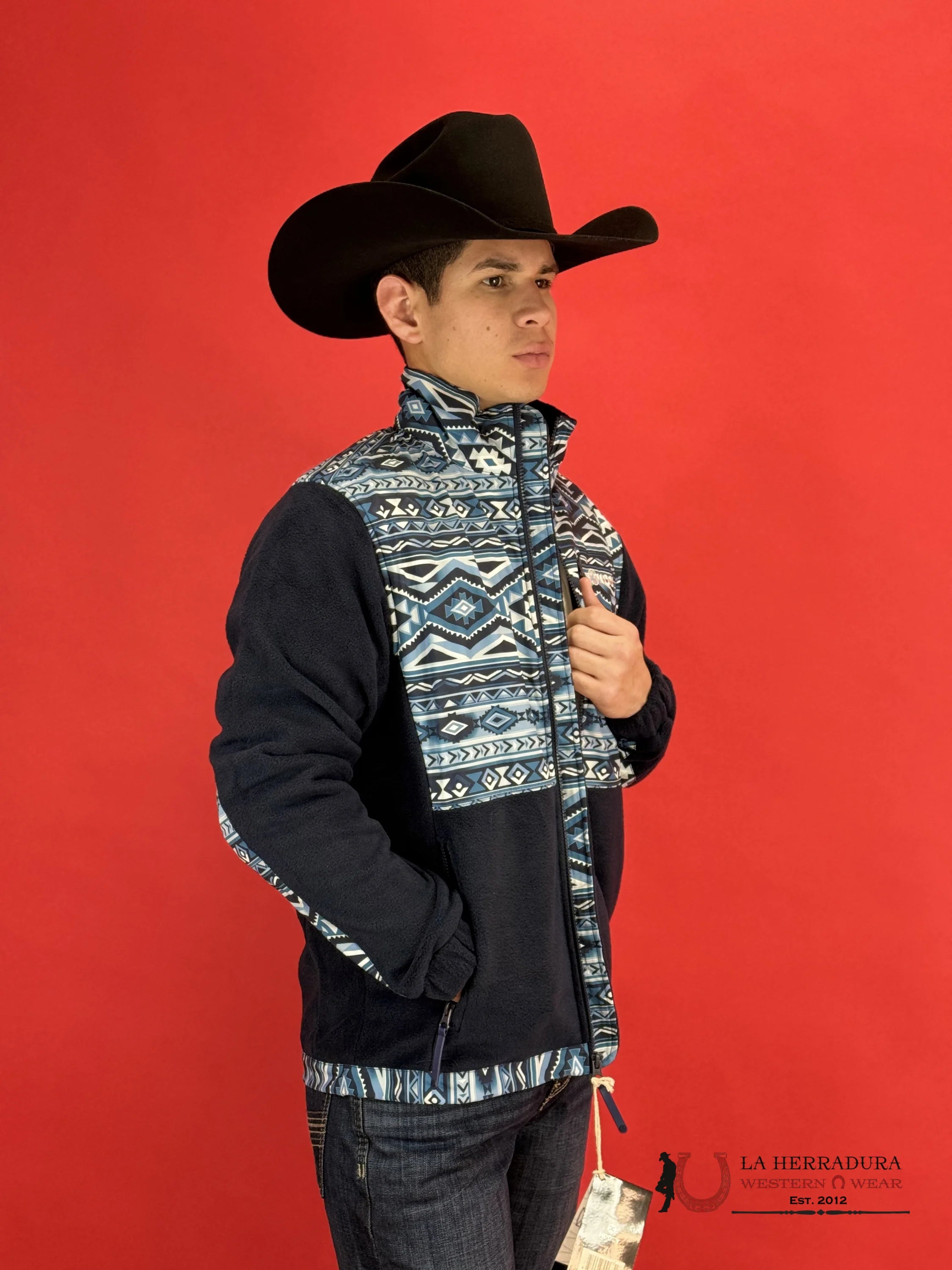 Hooey® Men’s Jacket Tech Fleece Navy Aztec Pattern Full Zip Ropa Hombres