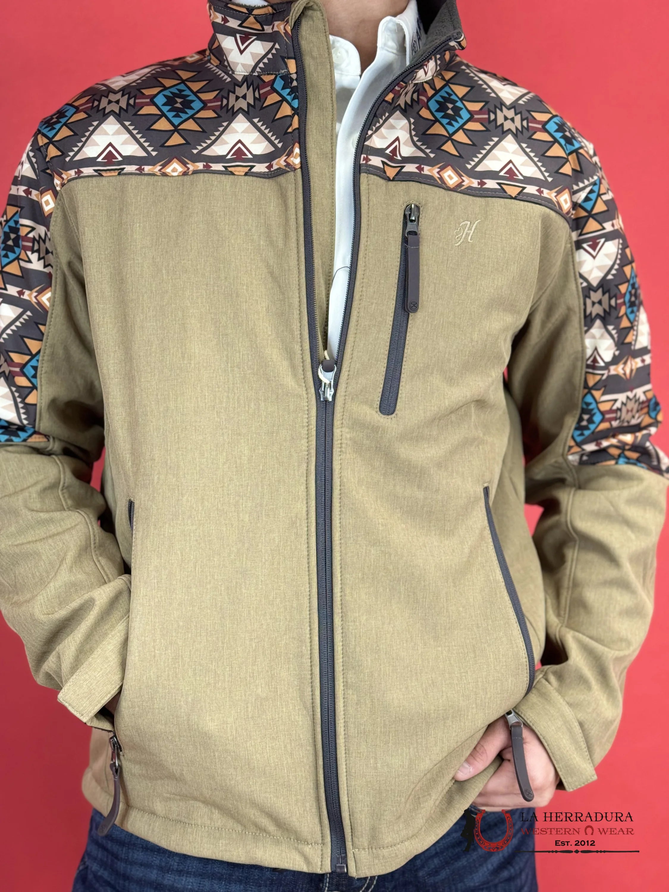 Hooey® Men’s Jacket Tech Softshell Tan W/ Brown Aztec Sleeves Ropa Hombres