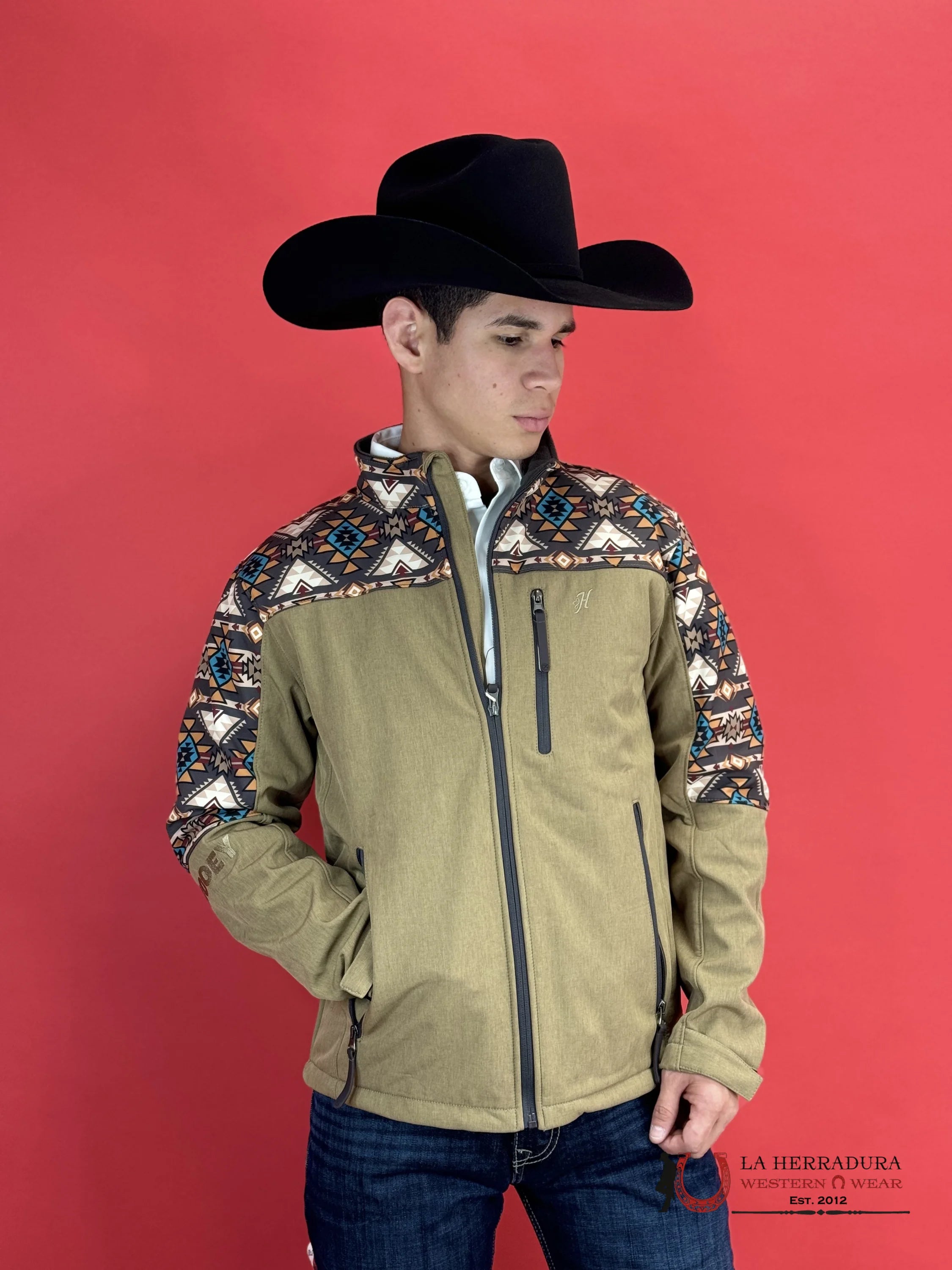 Hooey® Men’s Jacket Tech Softshell Tan W/ Brown Aztec Sleeves Ropa Hombres