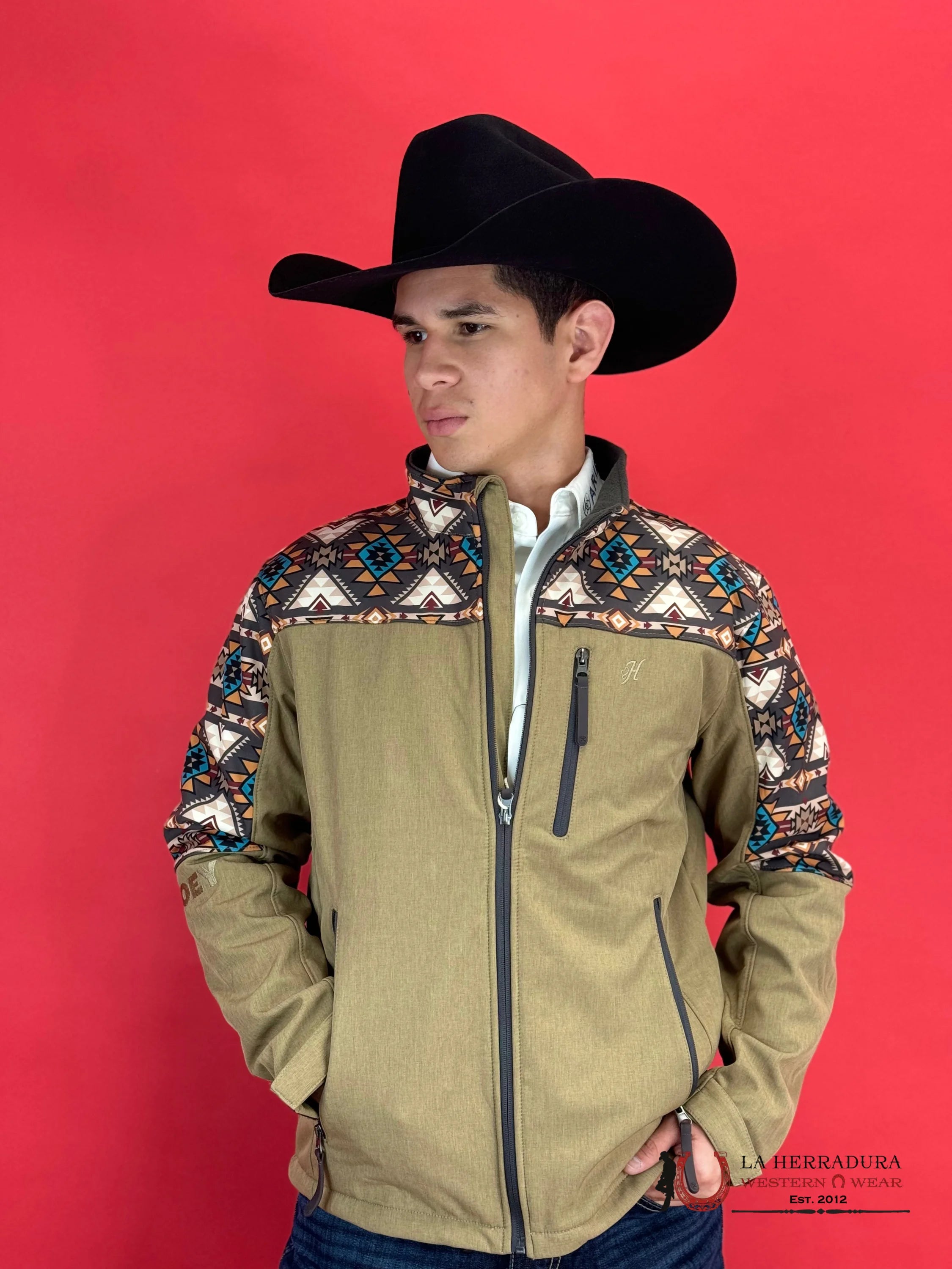 Hooey® Men’s Jacket Tech Softshell Tan W/ Brown Aztec Sleeves Ropa Hombres