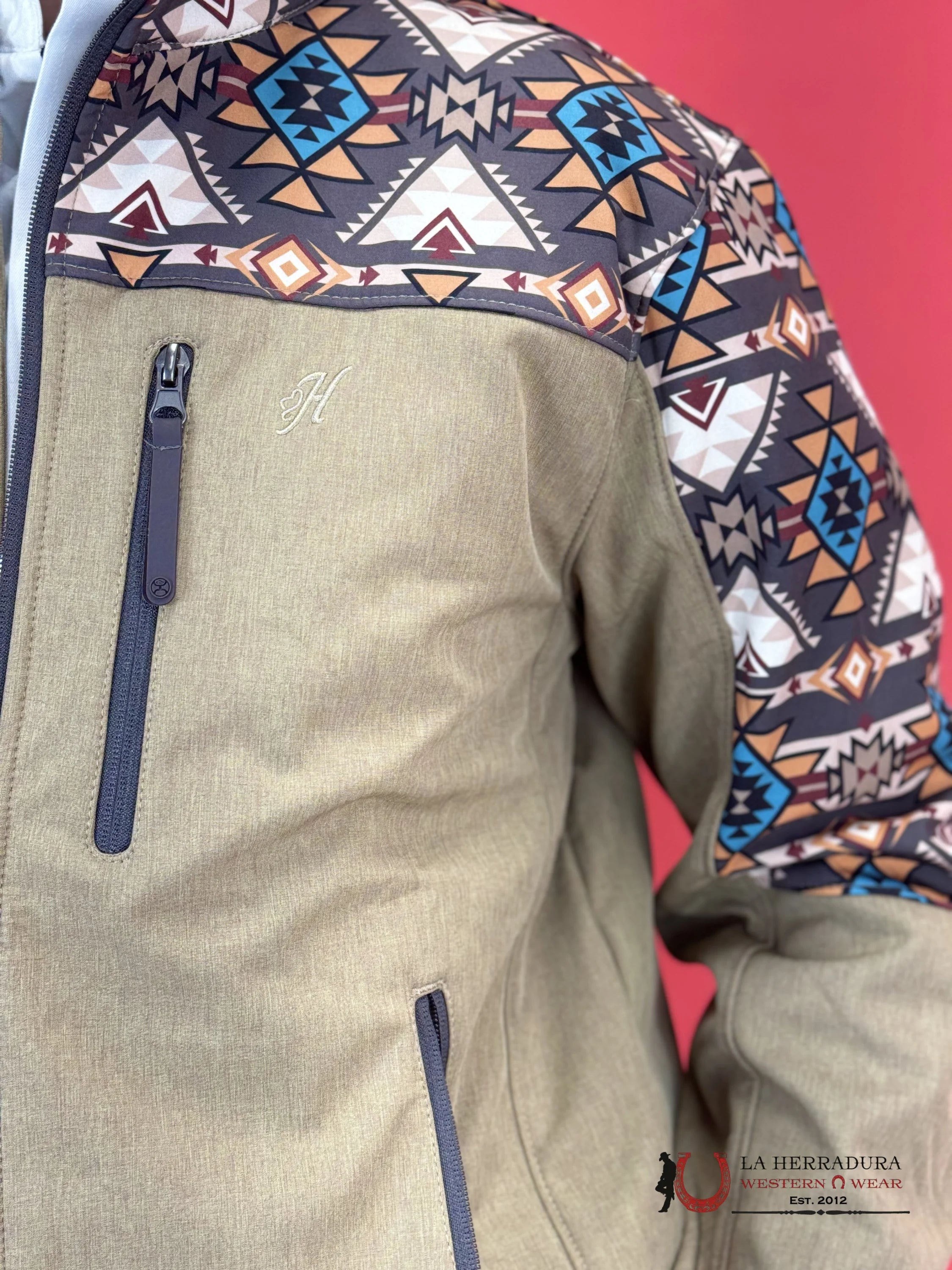 Hooey® Men’s Jacket Tech Softshell Tan W/ Brown Aztec Sleeves Ropa Hombres