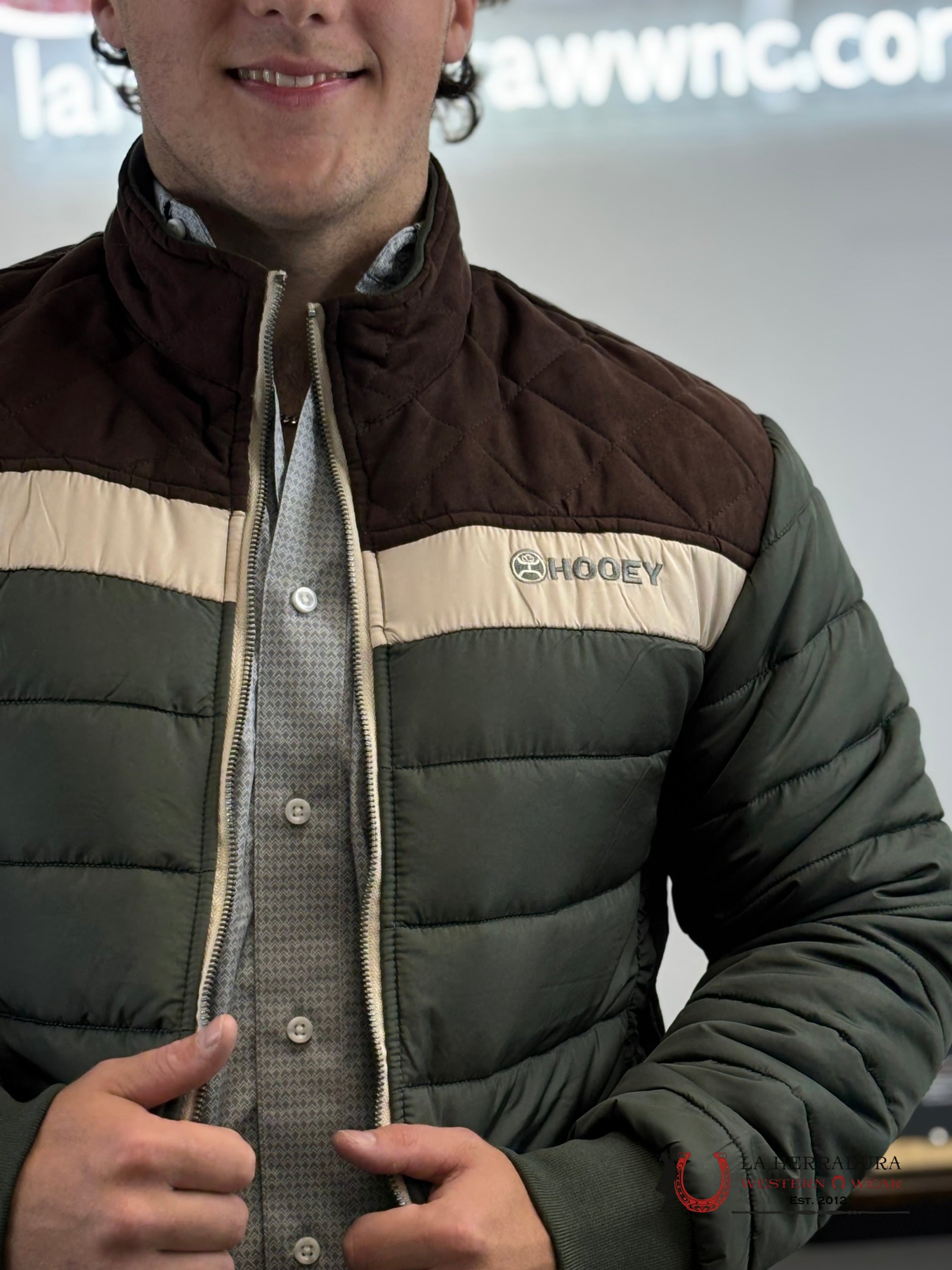 Hooey® Men’s Puffer Jacket Olive Body Tan Joke Ropa Hombres