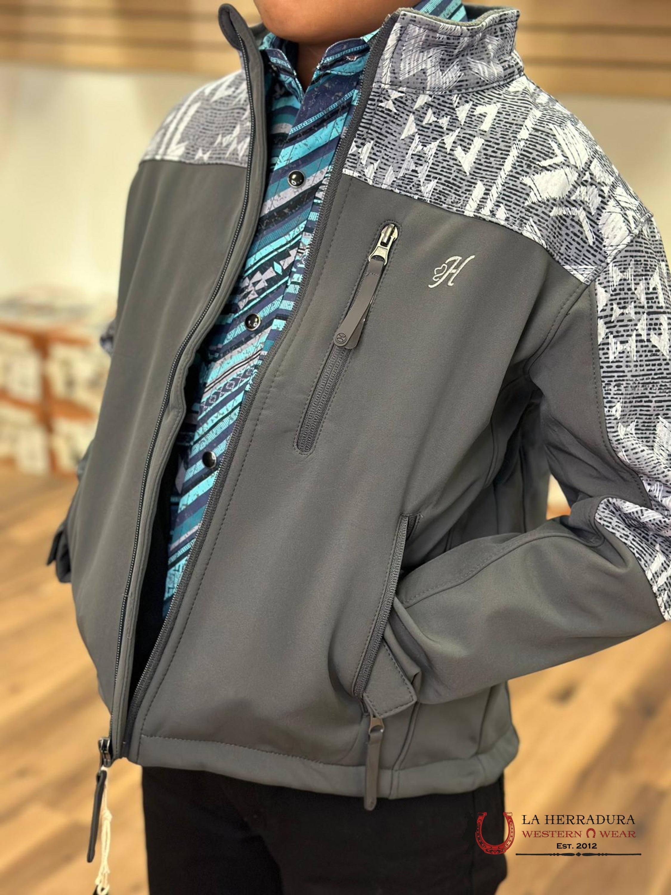 Hooey Soft Shell Jacket Youth Grey Aztec Niños