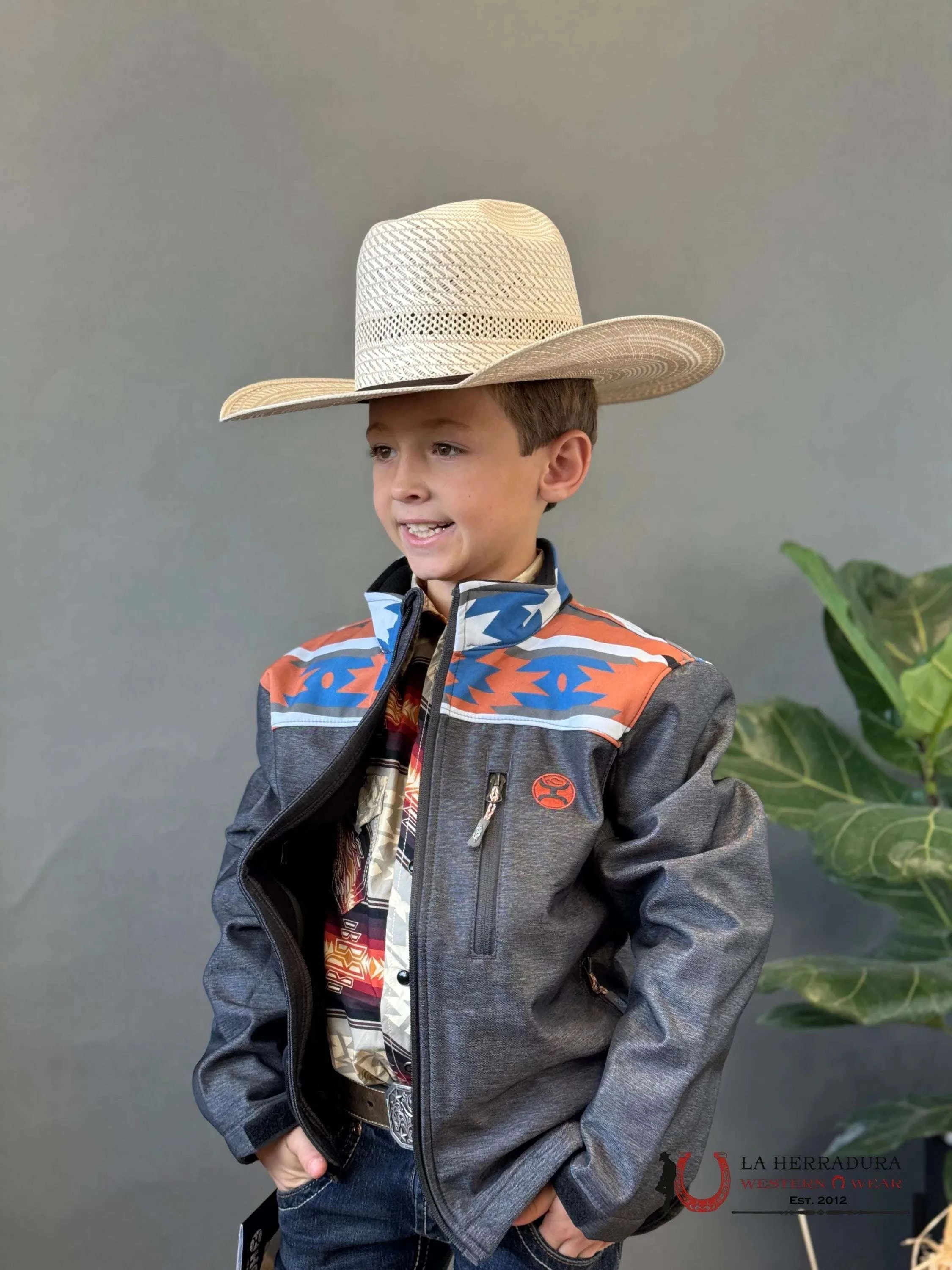 Hooey Soft Shell Jacket Youth Tan W/Aztec Charcoal Niños