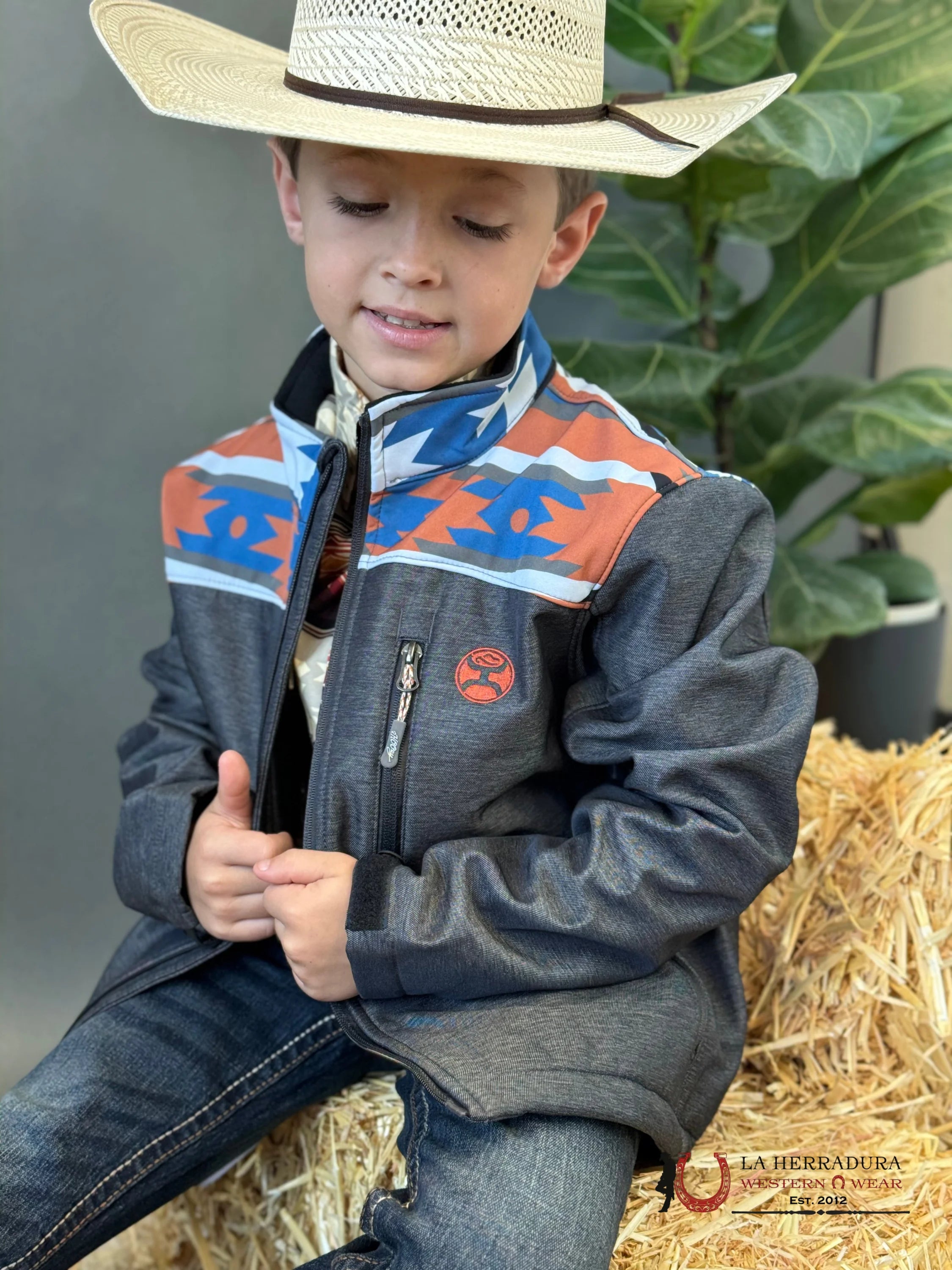 Hooey Soft Shell Jacket Youth Tan W/Aztec Charcoal Niños