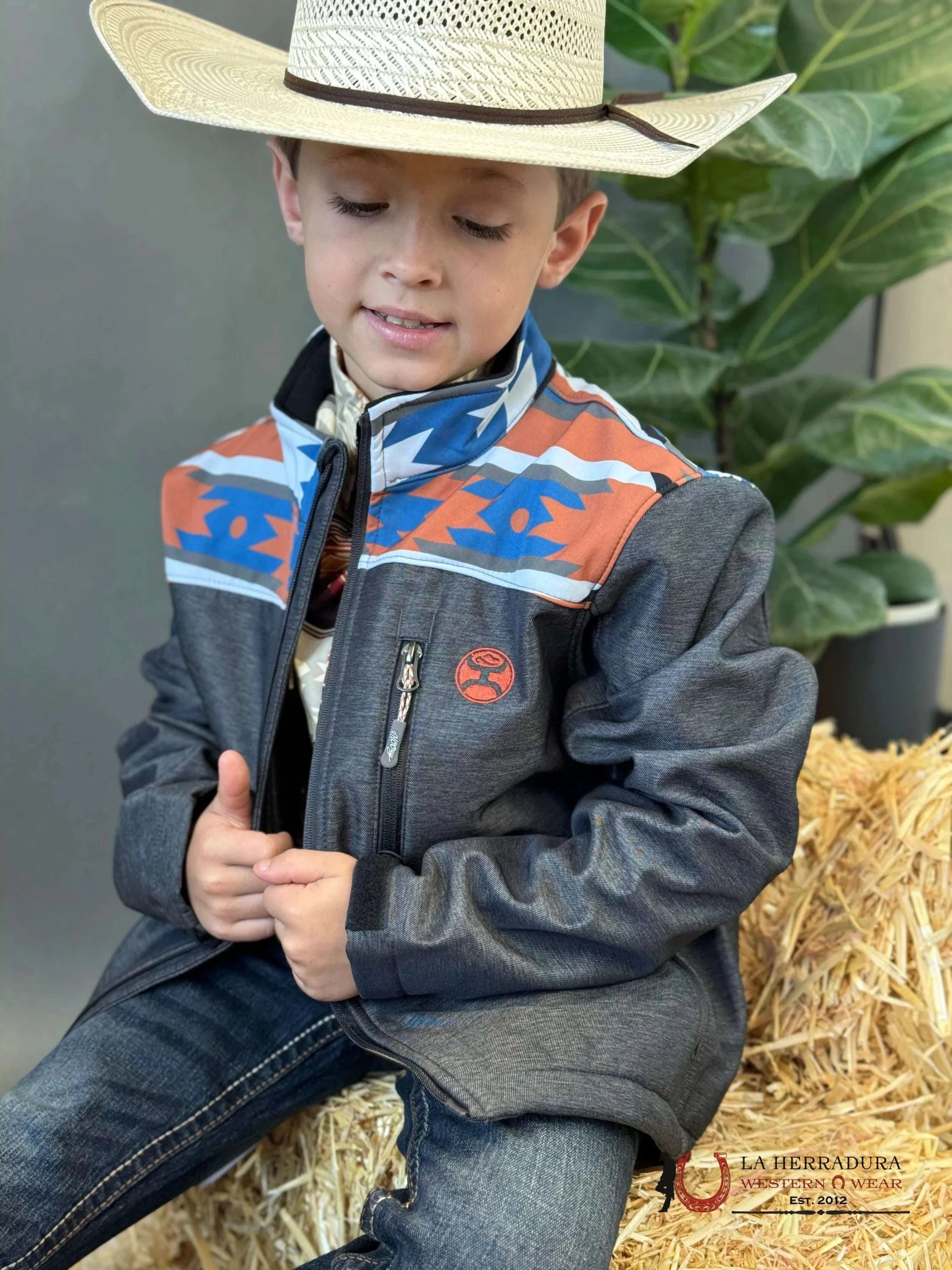 Hooey Soft Shell Jacket Youth Tan W/Aztec Charcoal Niños