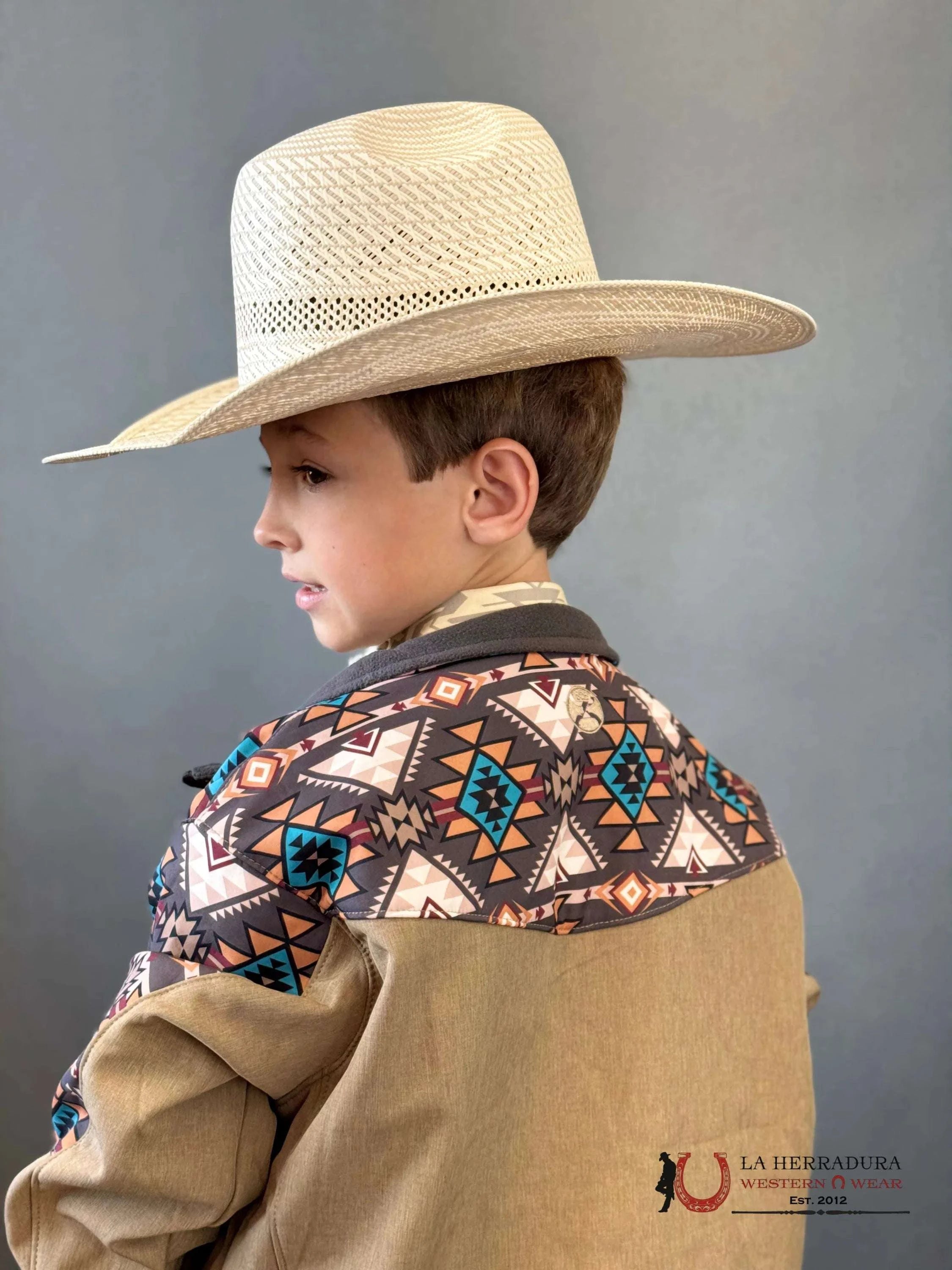Hooey Soft Shell Jacket Youth Tan W/Aztec Niños