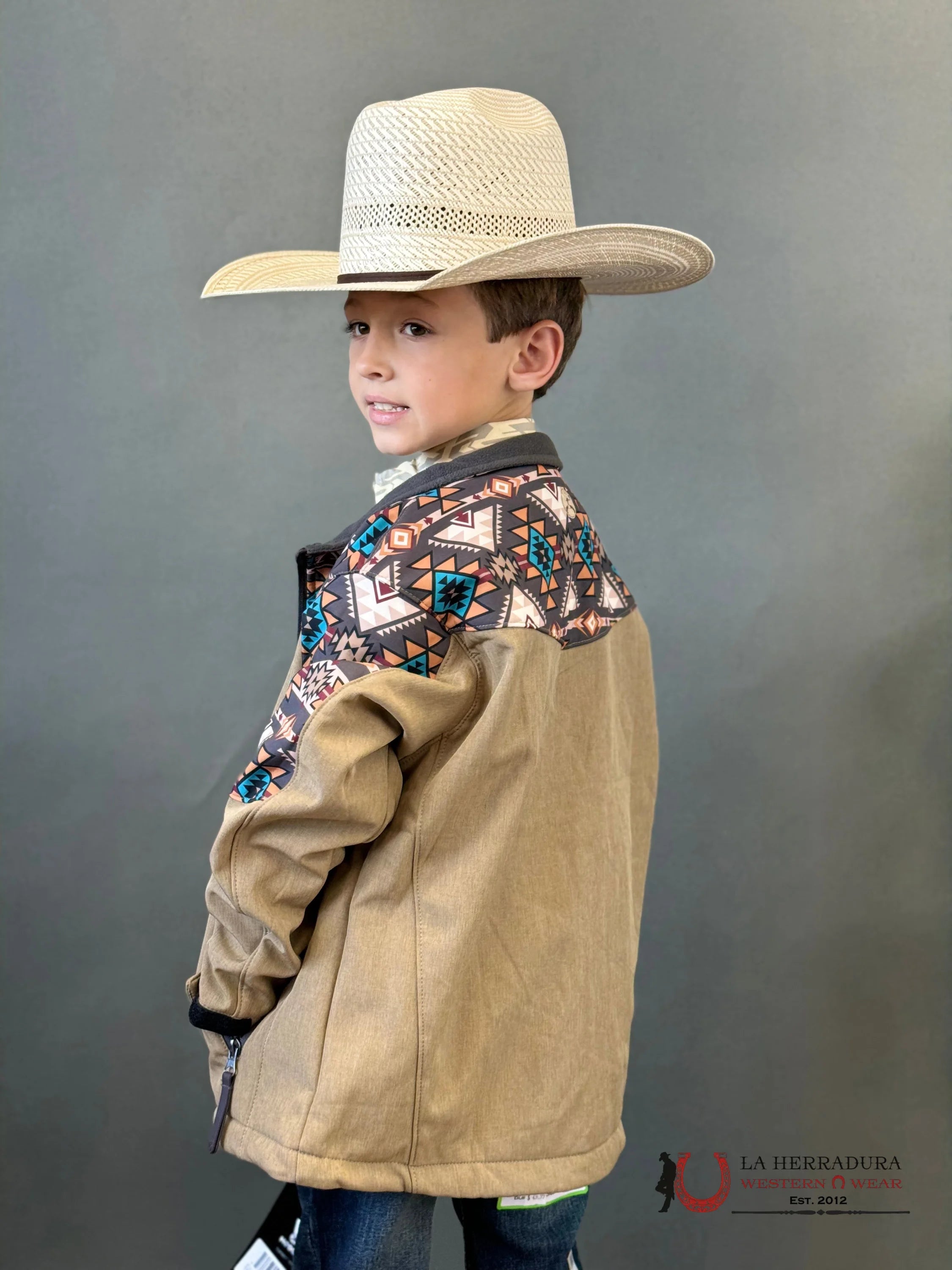 Hooey Soft Shell Jacket Youth Tan W/Aztec Niños