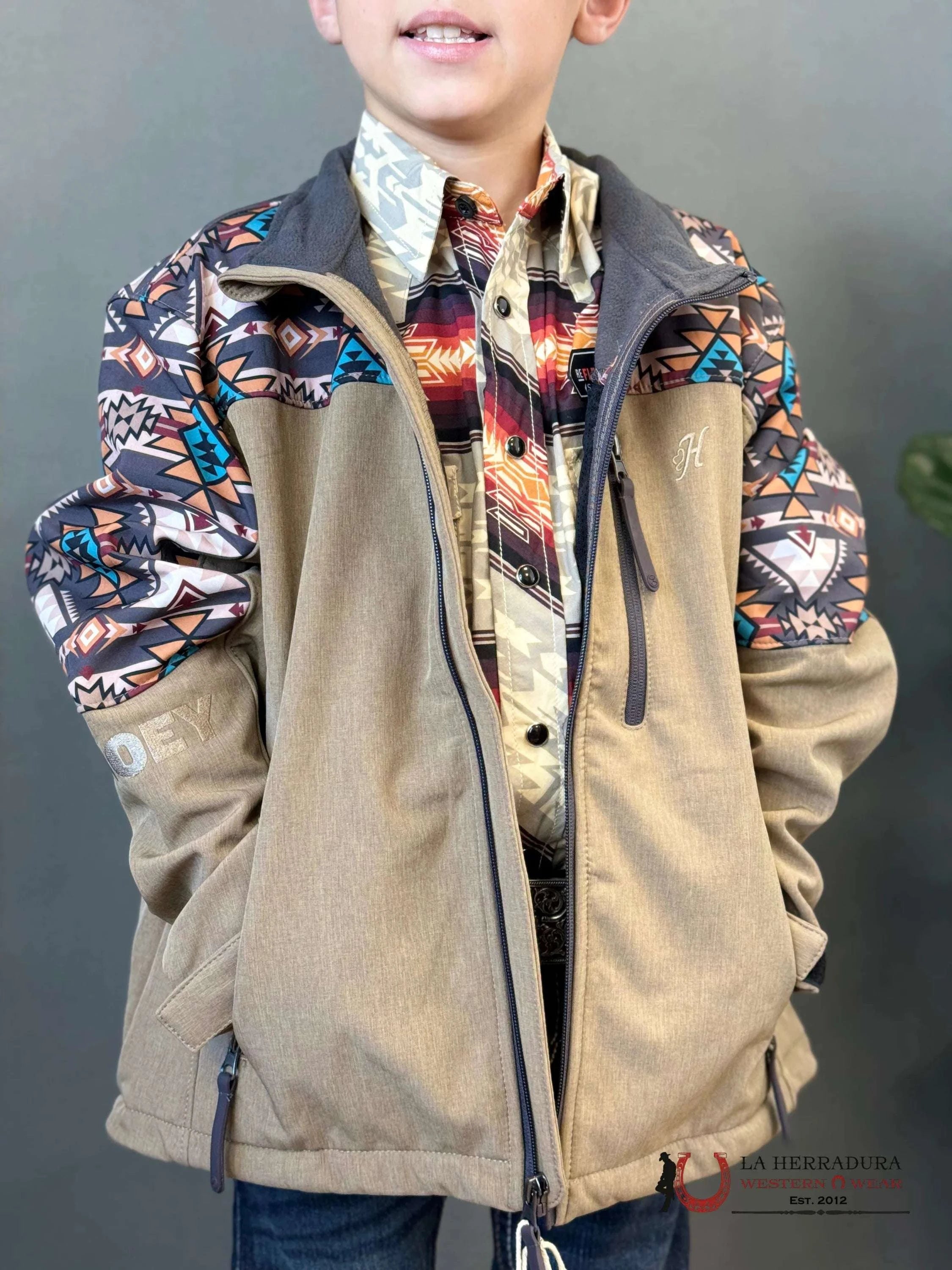 Hooey Soft Shell Jacket Youth Tan W/Aztec Niños
