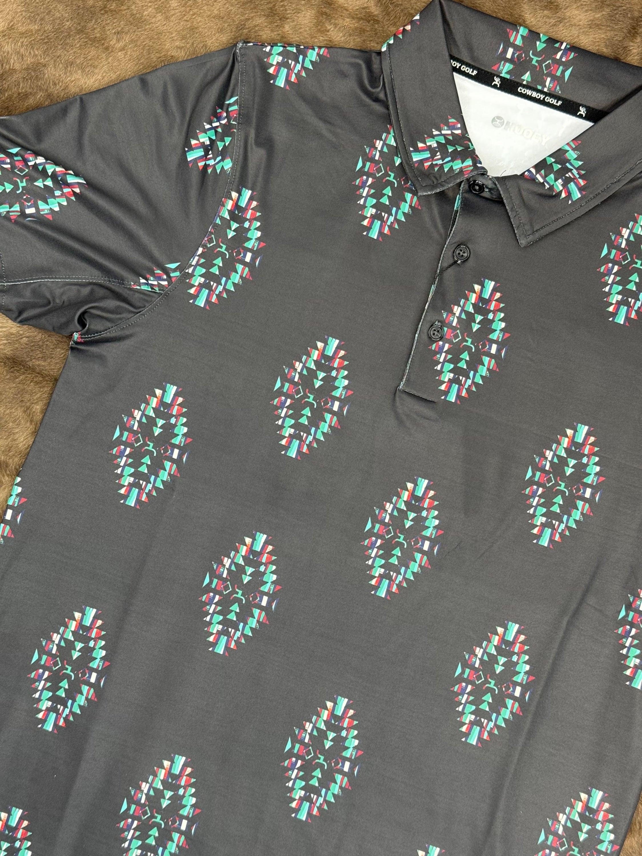 HOOEY Weekender Black/Turquoise Golf Aztec Polo Short Sleeve Men Shirt ROPA HOMBRES
