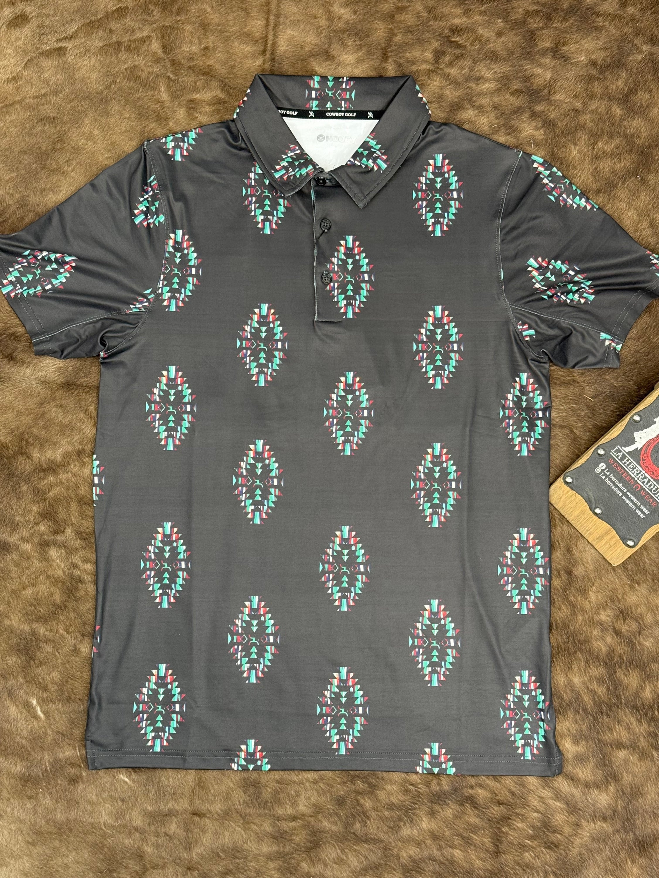 HOOEY Weekender Black/Turquoise Golf Aztec Polo Short Sleeve Men Shirt ROPA HOMBRES
