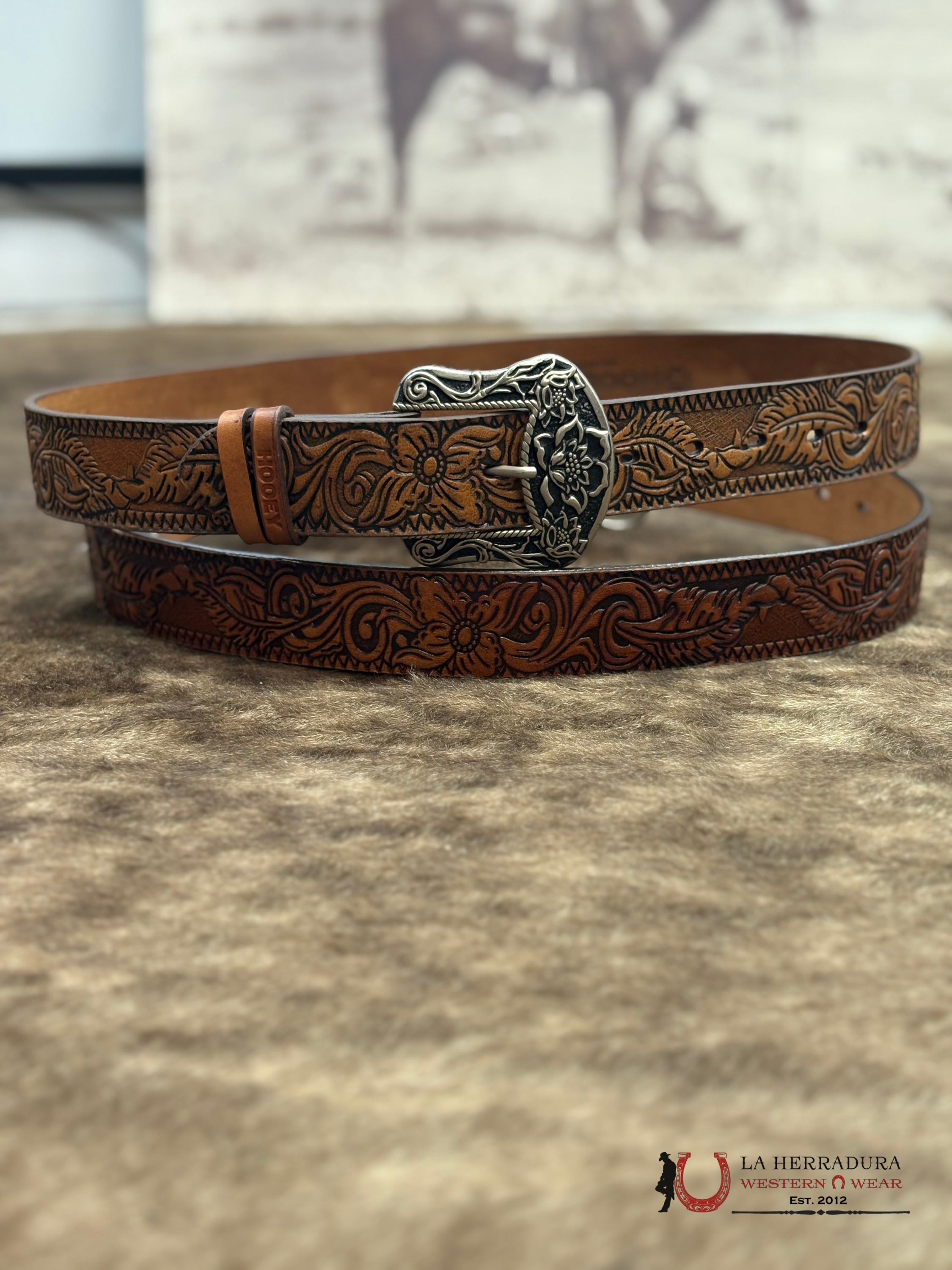 HOOEY WOMEN FLORA’ ORIGINAL HOOEY LADIES BELT BROWN W/ FLORAL CINTURONES MUJERES