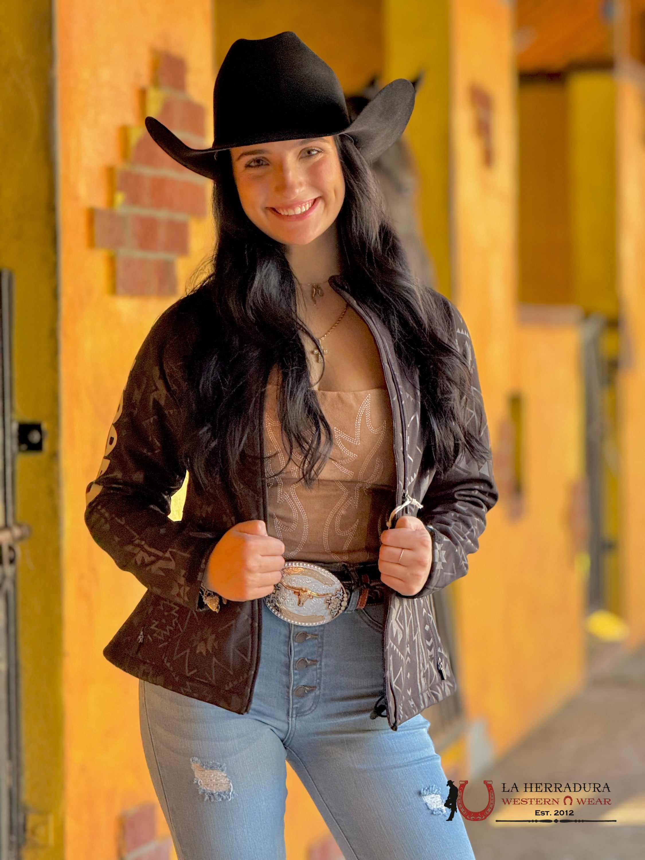 Hooey Womens Black Softshell W/ White Aztec Logo On Sleeve Full Zip Up Ropa Mujeres