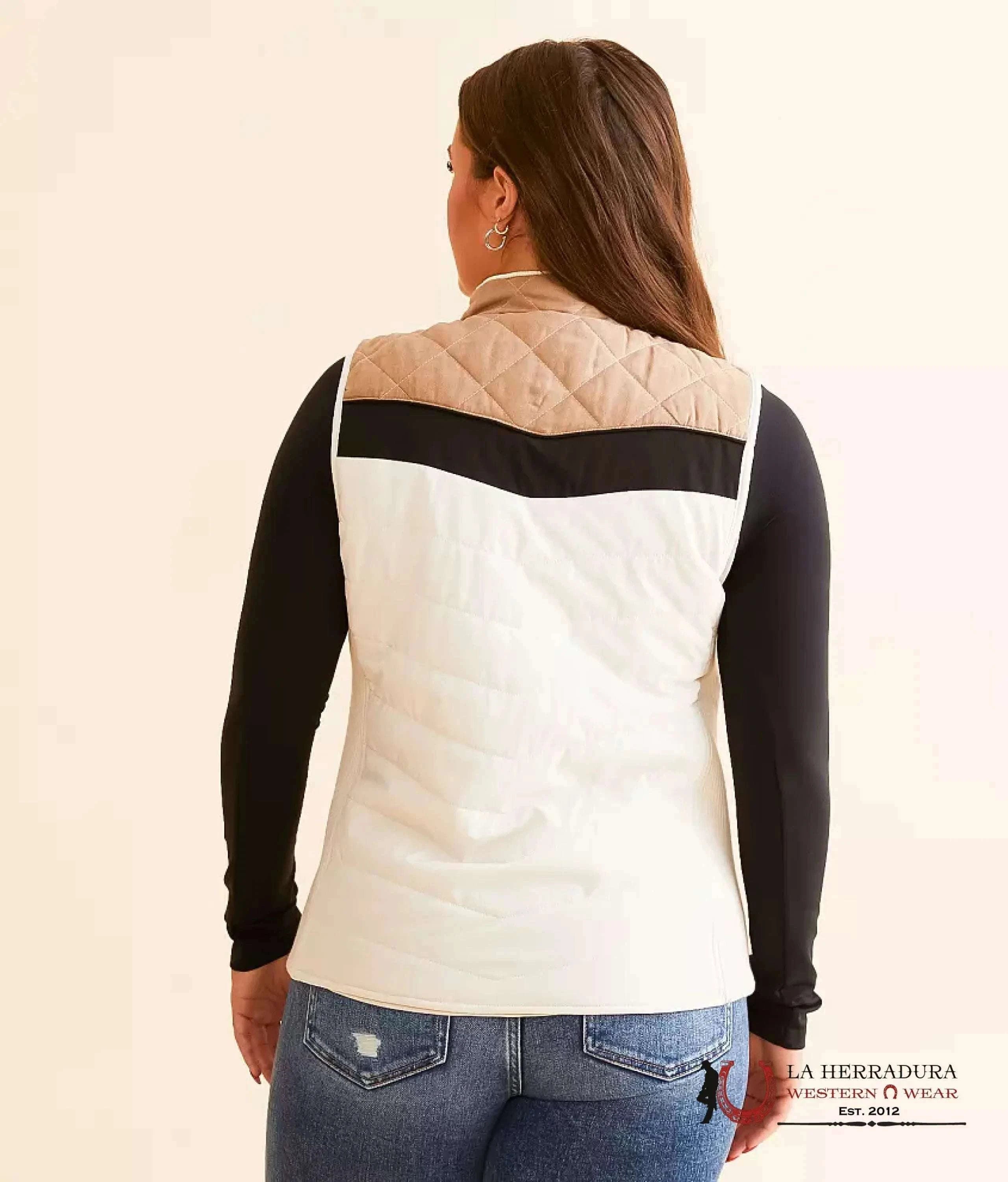 HOOEY WOMEN VEST CREAM BODY FULL ZIP WITH TAN /BLACK YOKE BAG HV098TNCR ROPA MUJERES