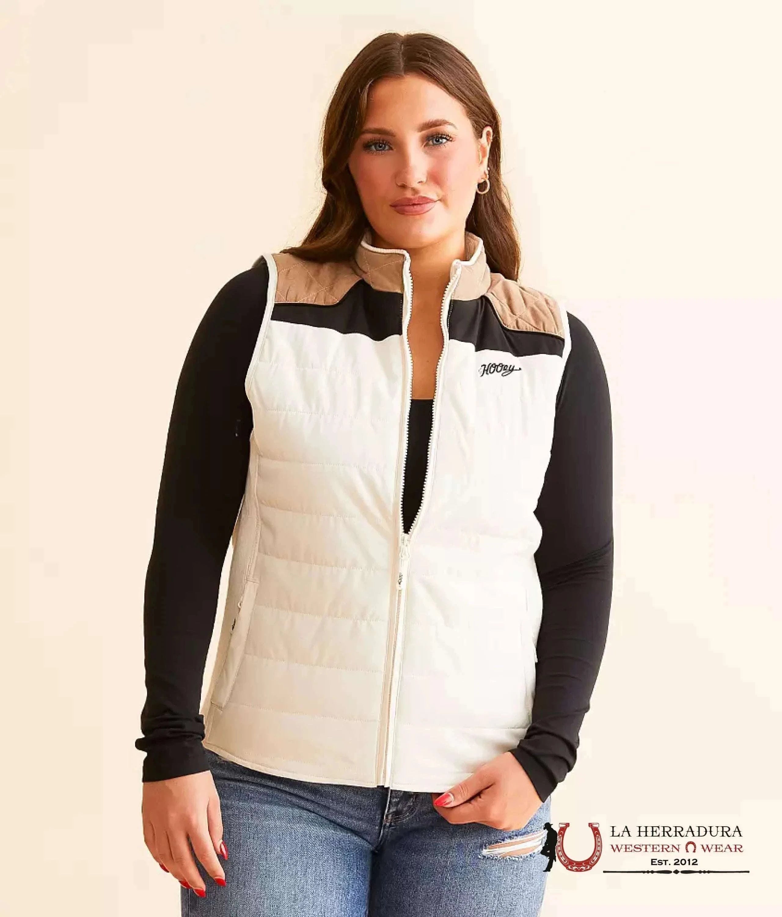 HOOEY WOMEN VEST CREAM BODY FULL ZIP WITH TAN /BLACK YOKE BAG HV098TNCR ROPA MUJERES