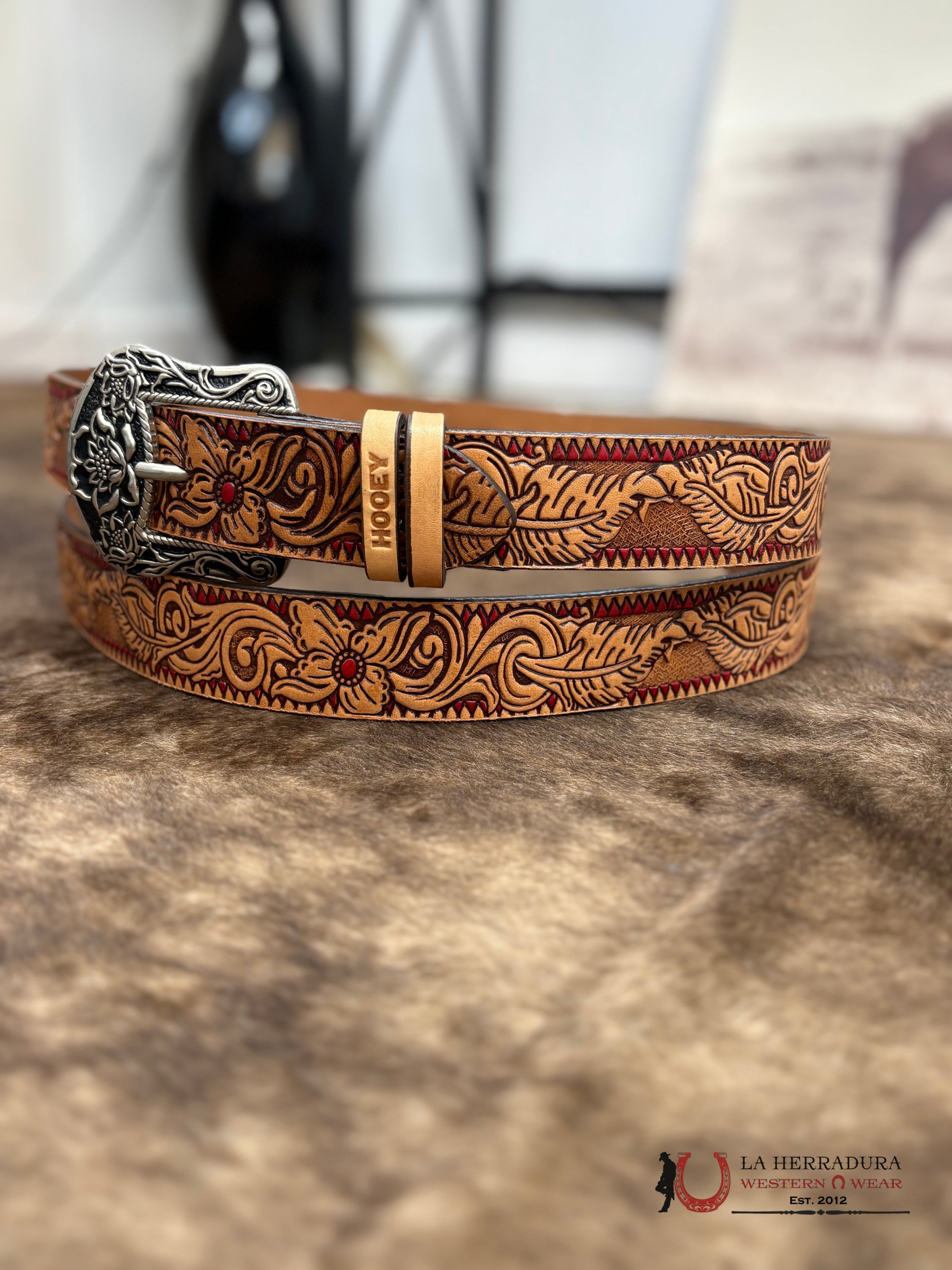 HOOEY WOMENS FLORA’ ORIGINAL HOOEY LADIES BELT NATURAL/BROWN/RED W/FLORAL CINTURONES MUJERES
