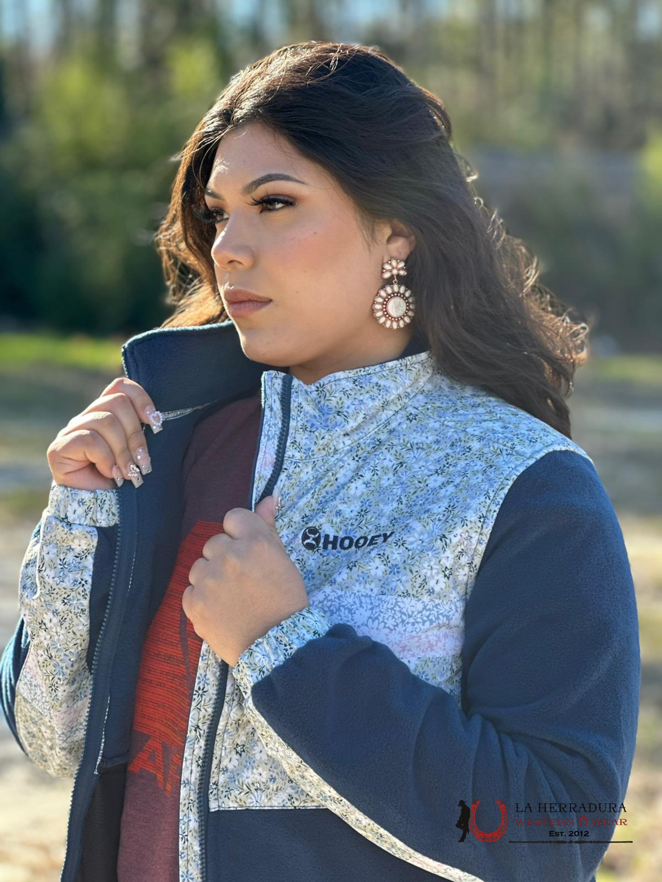 Hooey Womens Floral Pattern W/ Blue Sleeves Full Zip Up Ropa Mujeres