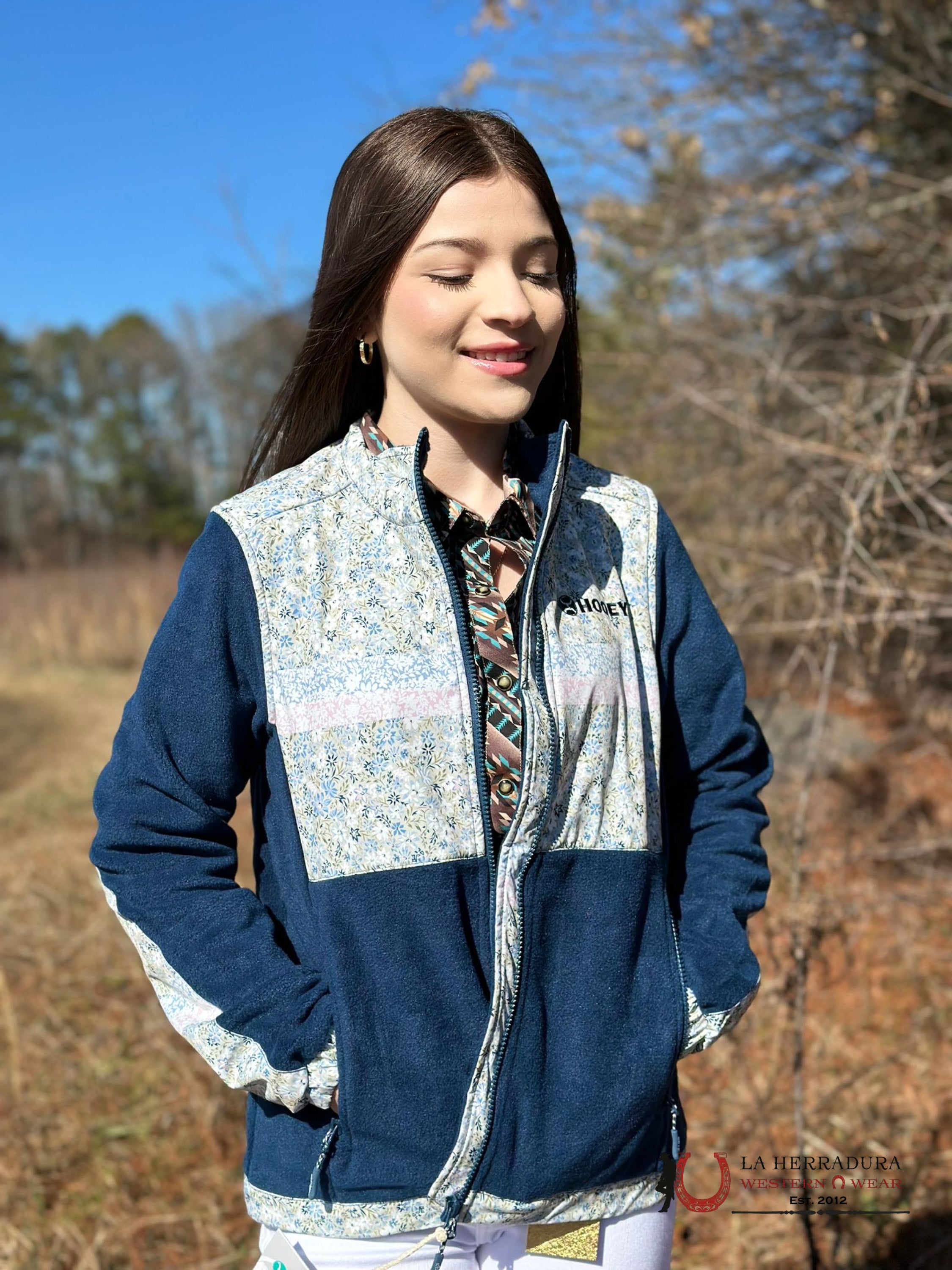 Hooey Womens Floral Pattern W/ Blue Sleeves Full Zip Up Ropa Mujeres