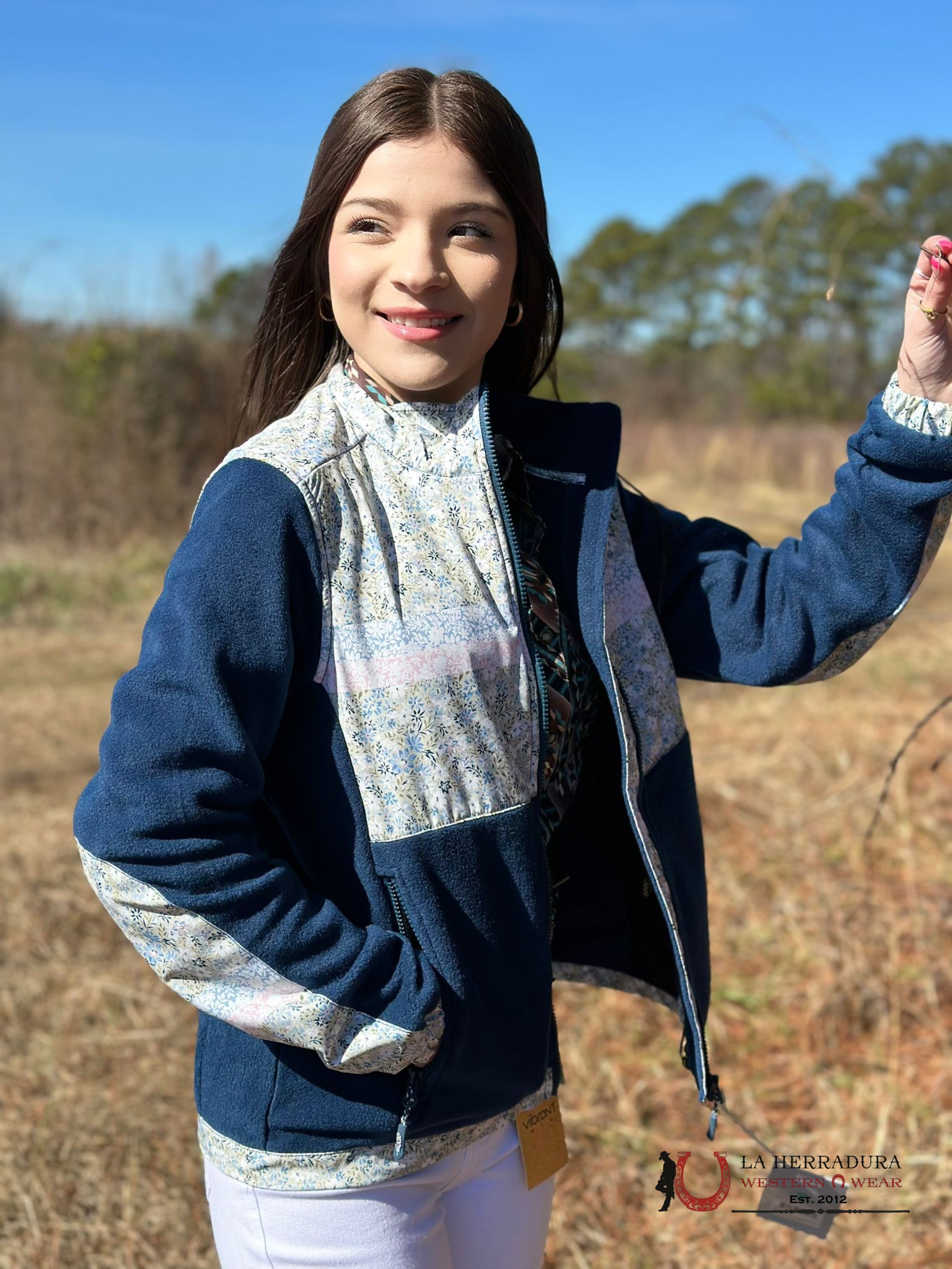 Hooey Womens Floral Pattern W/ Blue Sleeves Full Zip Up Ropa Mujeres