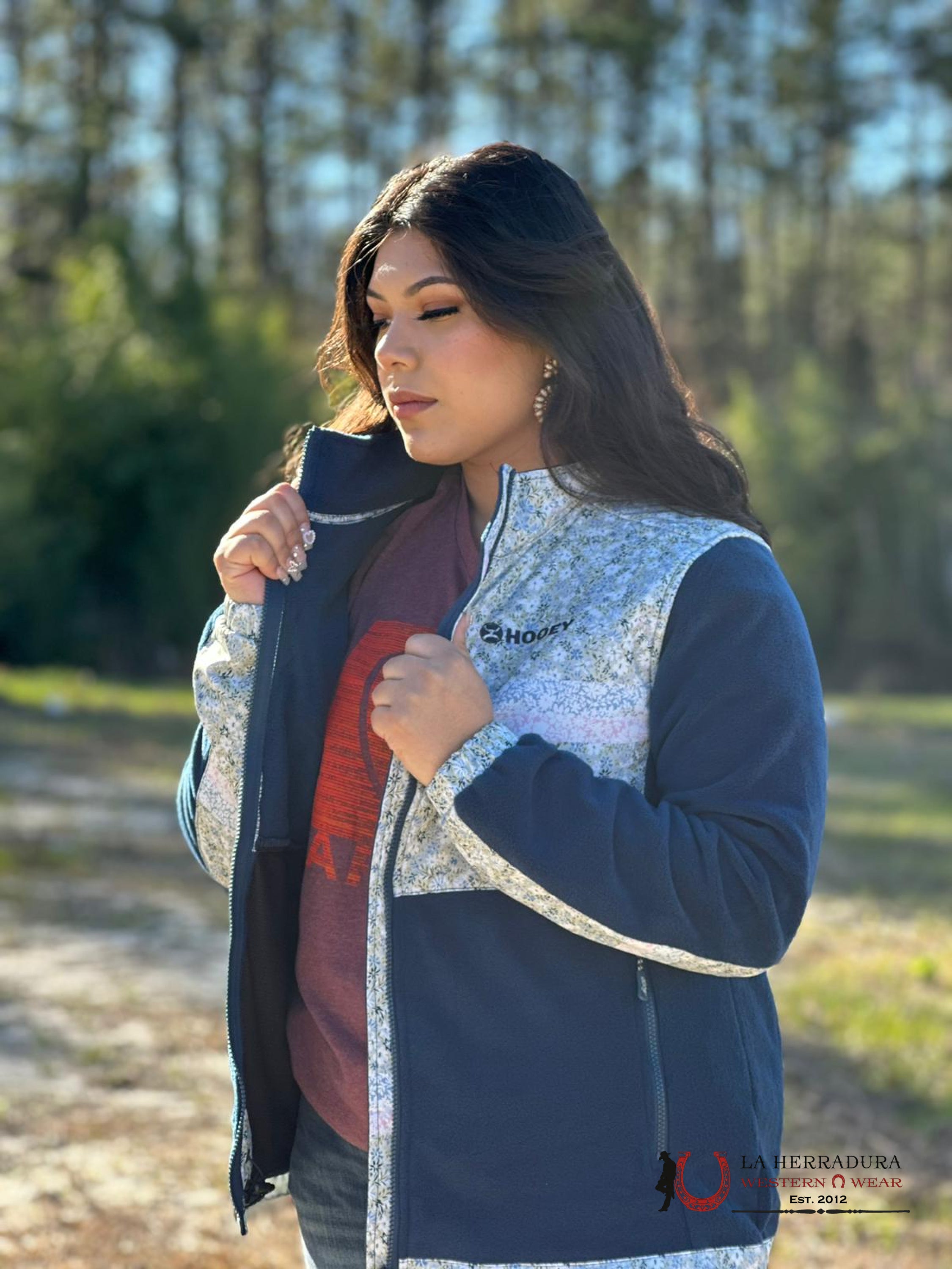 Hooey Womens Floral Pattern W/ Blue Sleeves Full Zip Up Ropa Mujeres