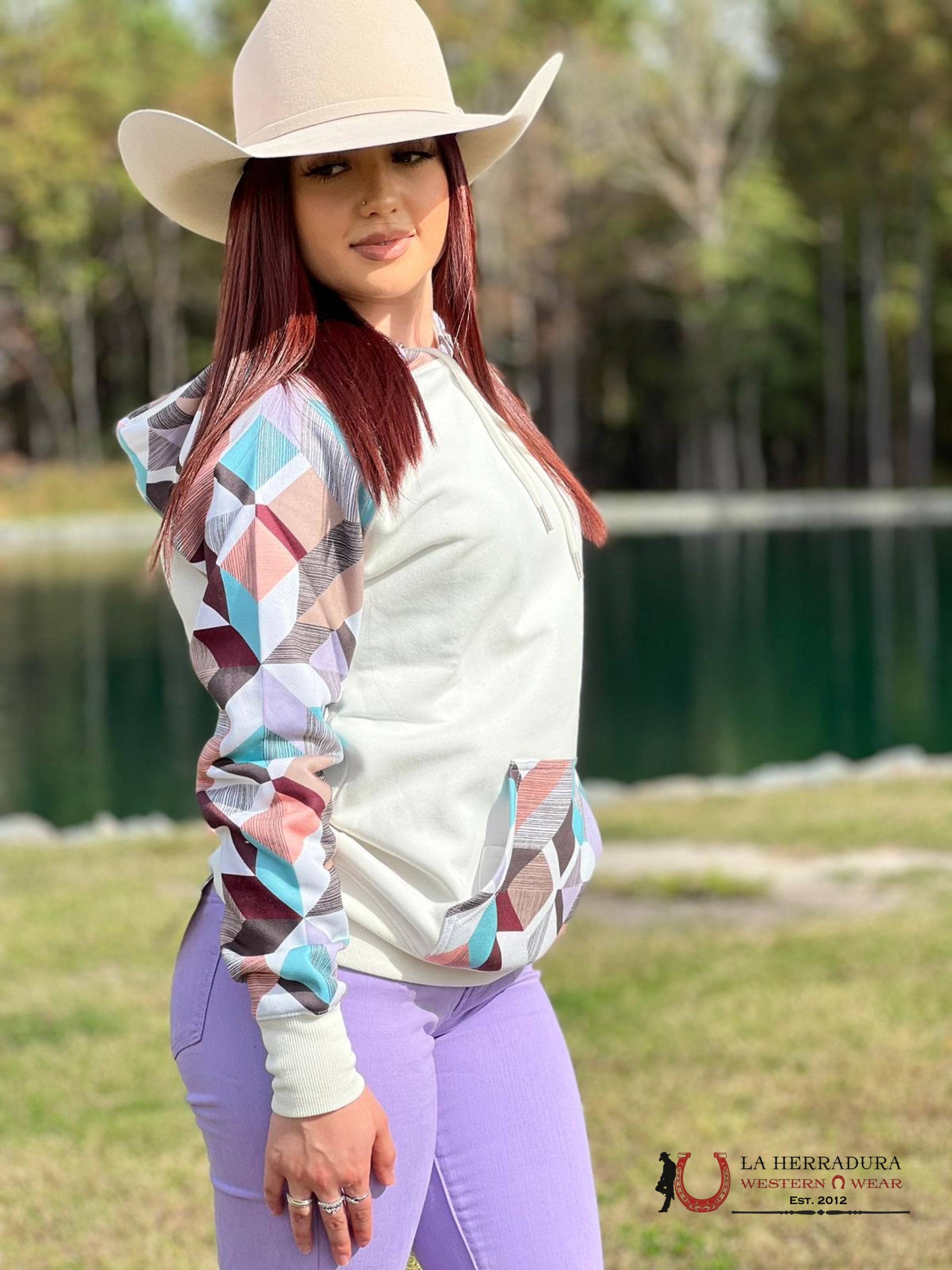 Hooey Womens Hoodie White W/ Geometric Aztec Design Ropa Mujeres