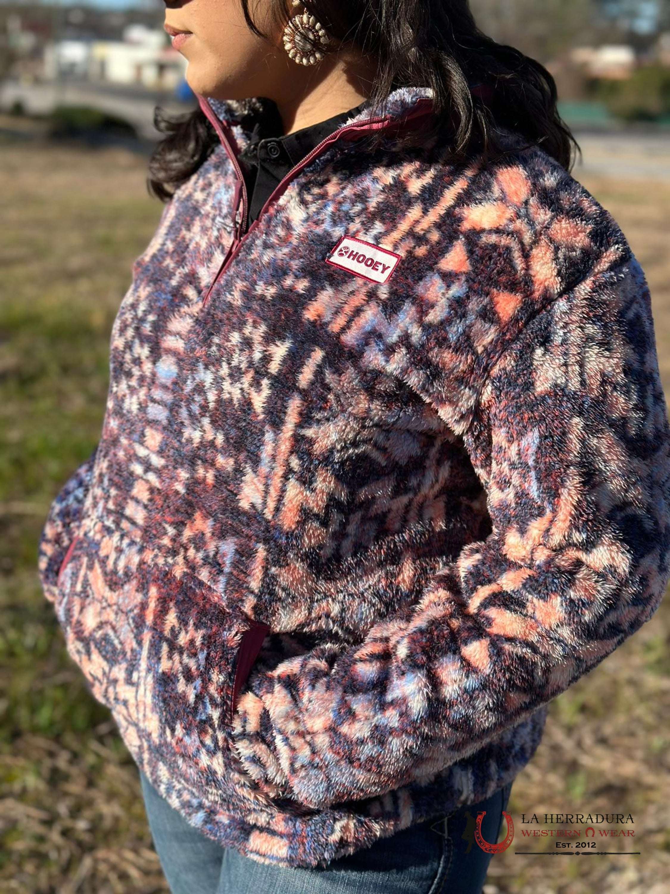 Hooey Womens Purple & Pink Aztec Pattern Sherpa Pullover Half Zip Ropa Mujeres