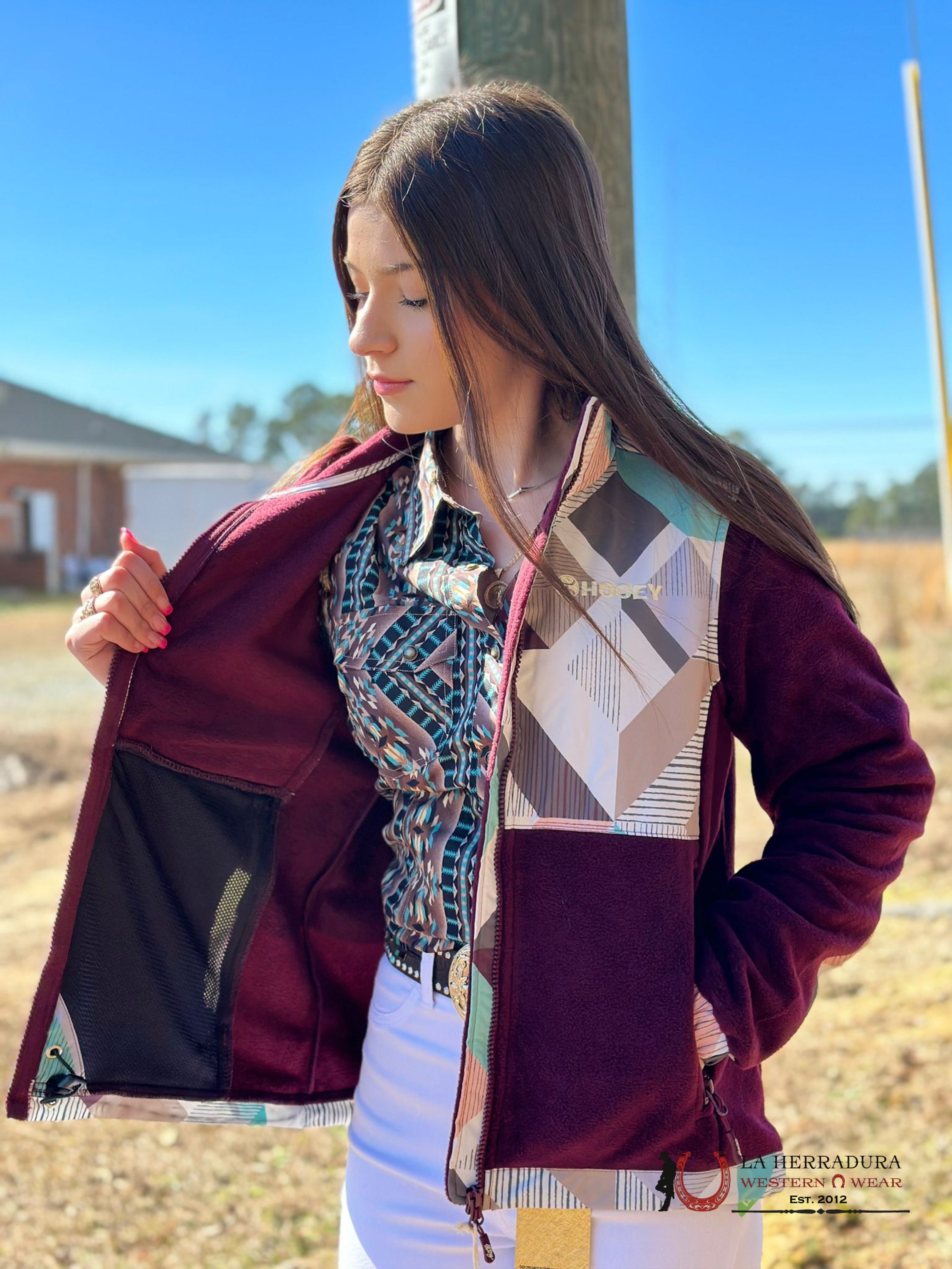 Hooey Womens Purple W/ Multi Colored Geometric Shoulder Pattern Tech Fleece Ropa Mujeres