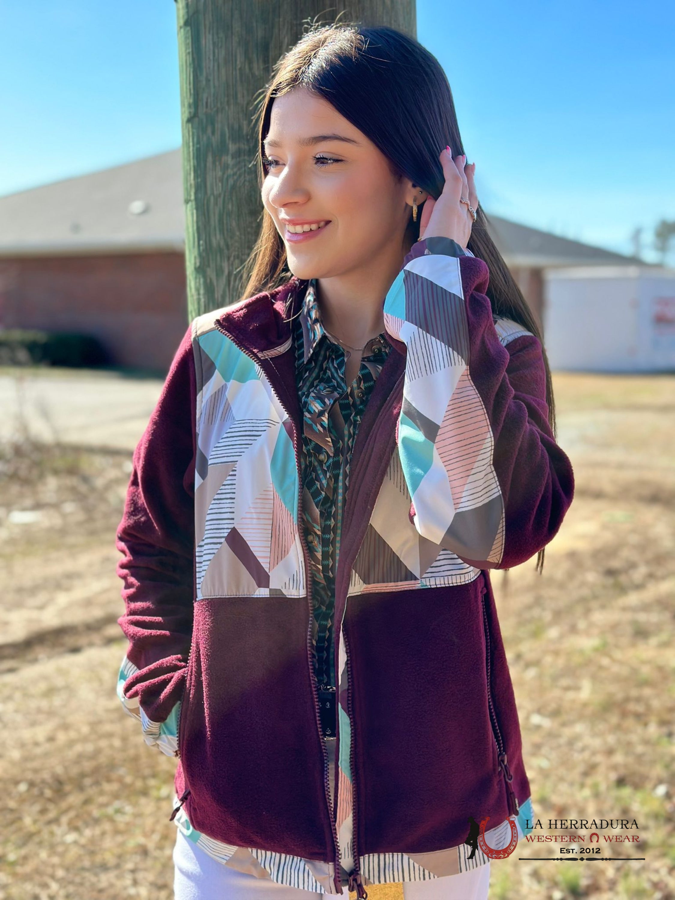 Hooey Womens Purple W/ Multi Colored Geometric Shoulder Pattern Tech Fleece Ropa Mujeres