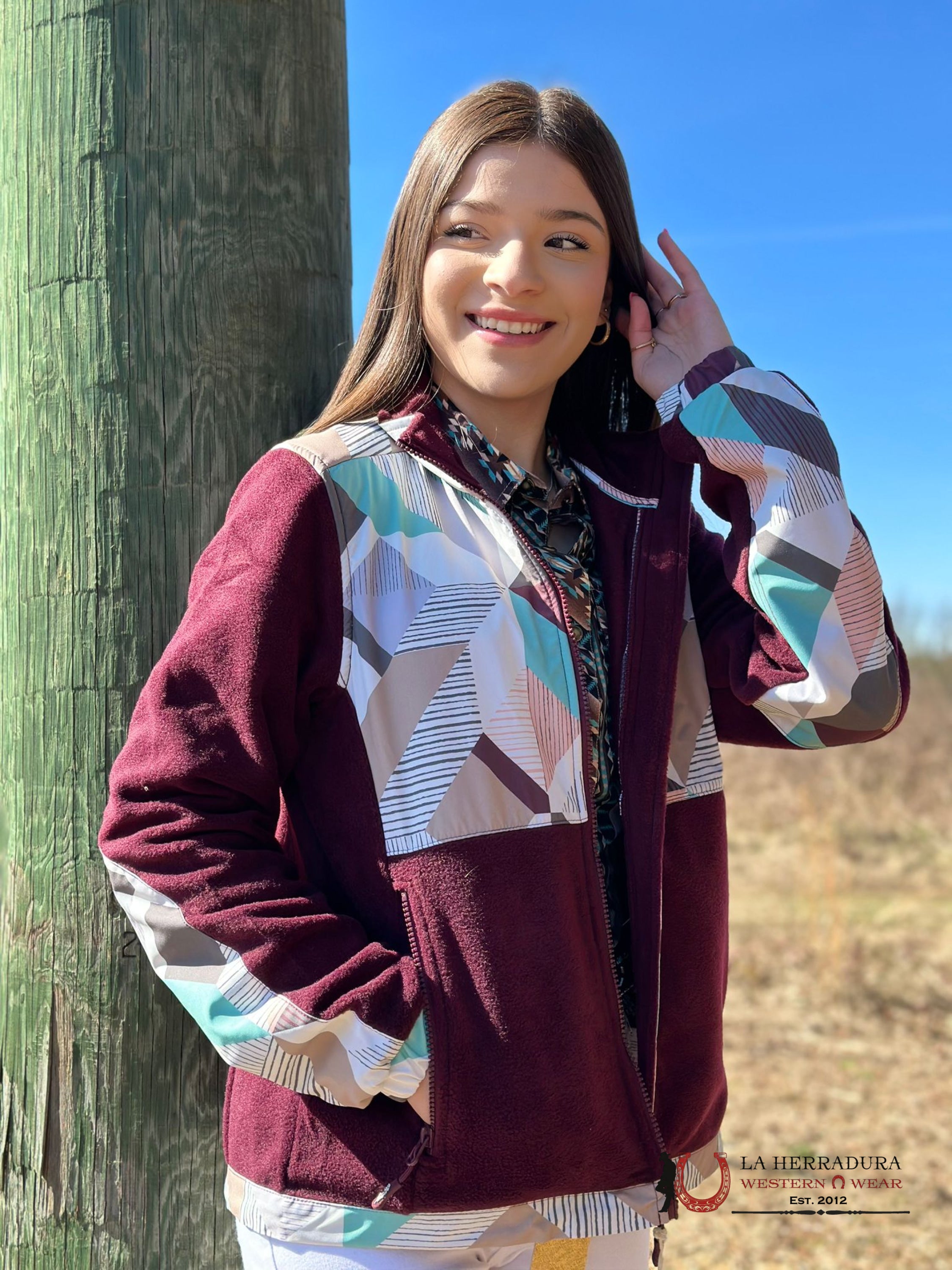 Hooey Womens Purple W/ Multi Colored Geometric Shoulder Pattern Tech Fleece Ropa Mujeres