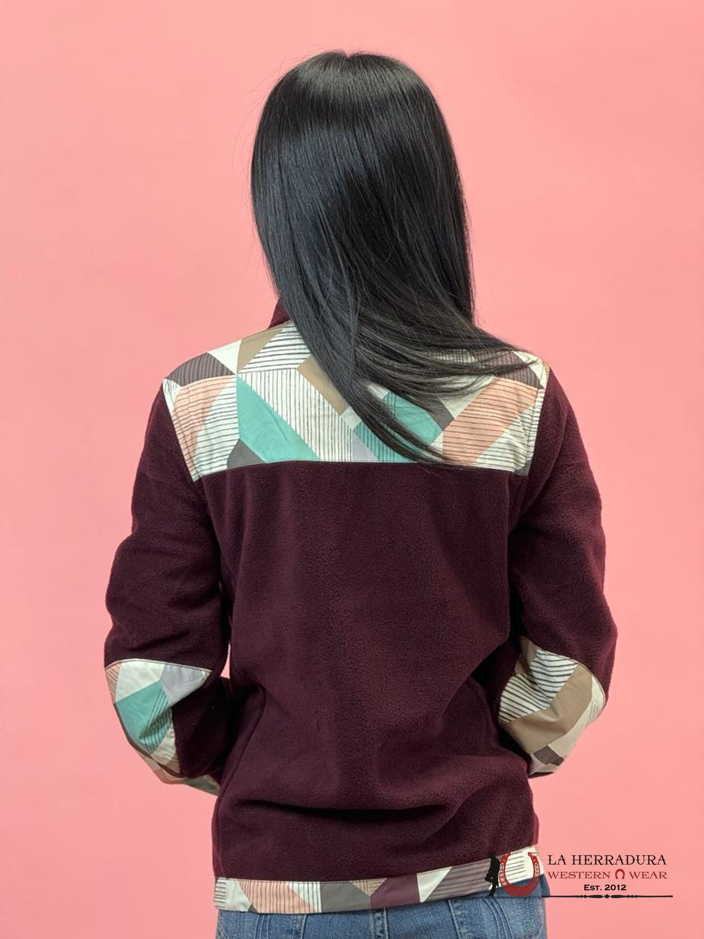 Hooey Womens Purple W/ Multi Colored Geometric Shoulder Pattern Tech Fleece Ropa Mujeres