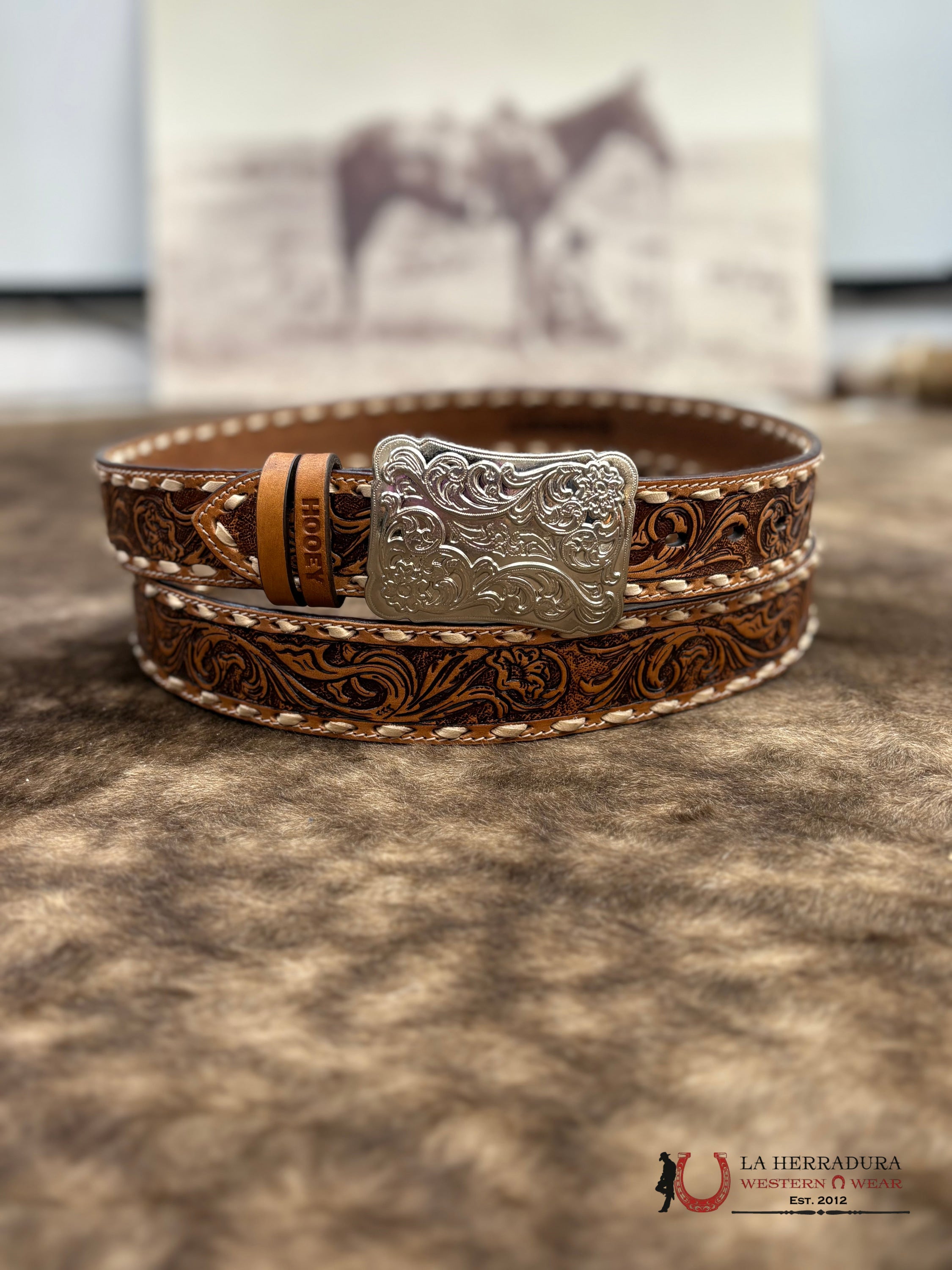 HOOEY WOMENS SONOMA’ BROWN/IVORY FLORAL HAND TOOLED BELT CINTURONES MUJERES