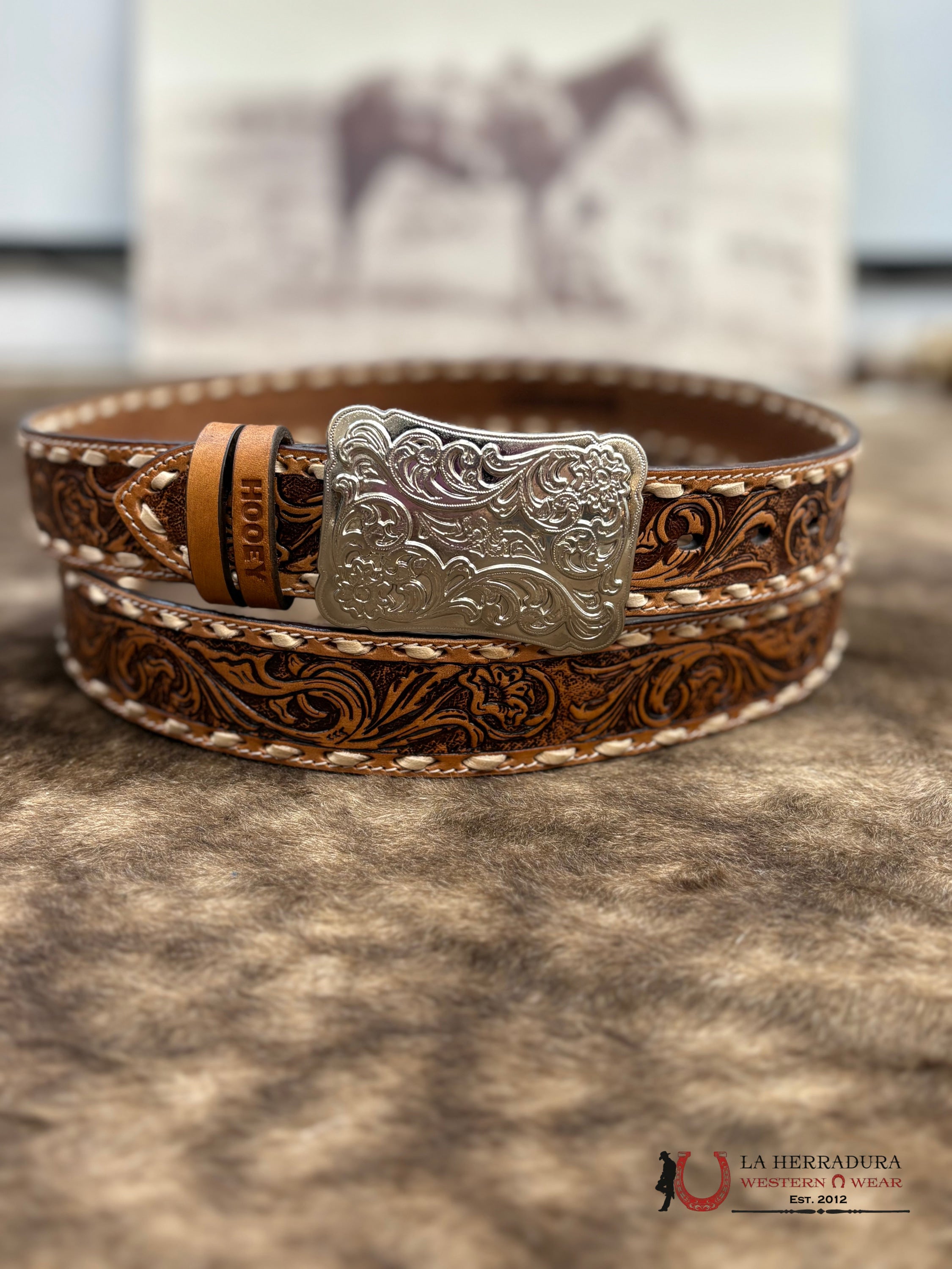 HOOEY WOMENS SONOMA’ BROWN/IVORY FLORAL HAND TOOLED BELT CINTURONES MUJERES