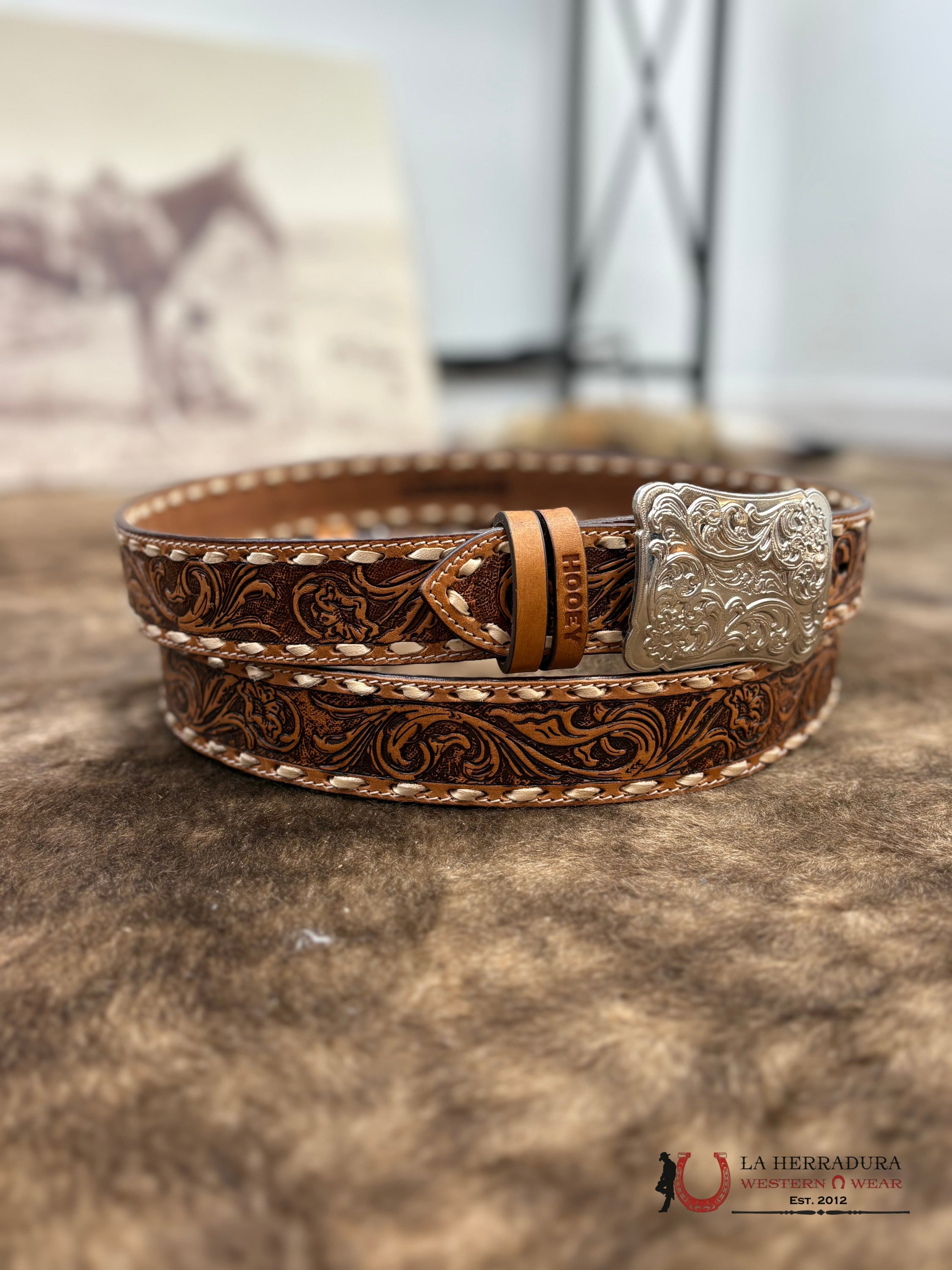 HOOEY WOMENS SONOMA’ BROWN/IVORY FLORAL HAND TOOLED BELT CINTURONES MUJERES