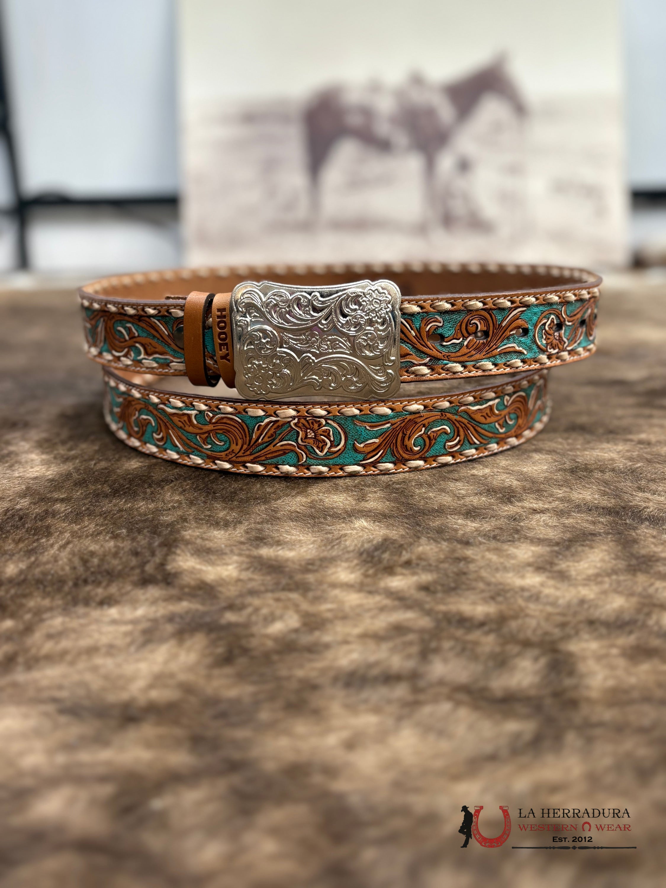 HOOEY WOMENS SONOMA’ BROWN/IVORY W/TURQUOISE FLORAL HAND TOOLED BELT CINTURONES MUJERES