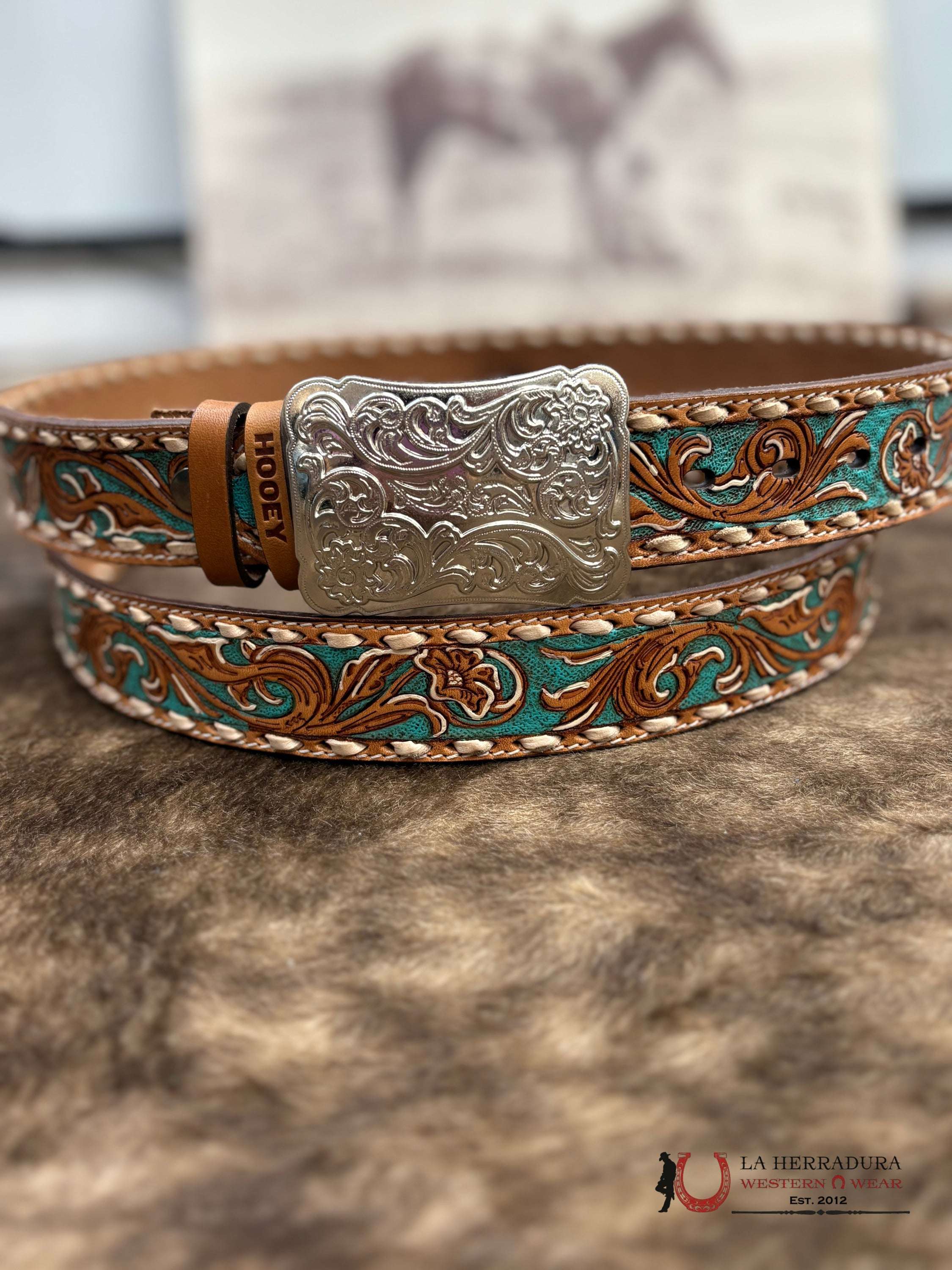 HOOEY WOMENS SONOMA’ BROWN/IVORY W/TURQUOISE FLORAL HAND TOOLED BELT CINTURONES MUJERES