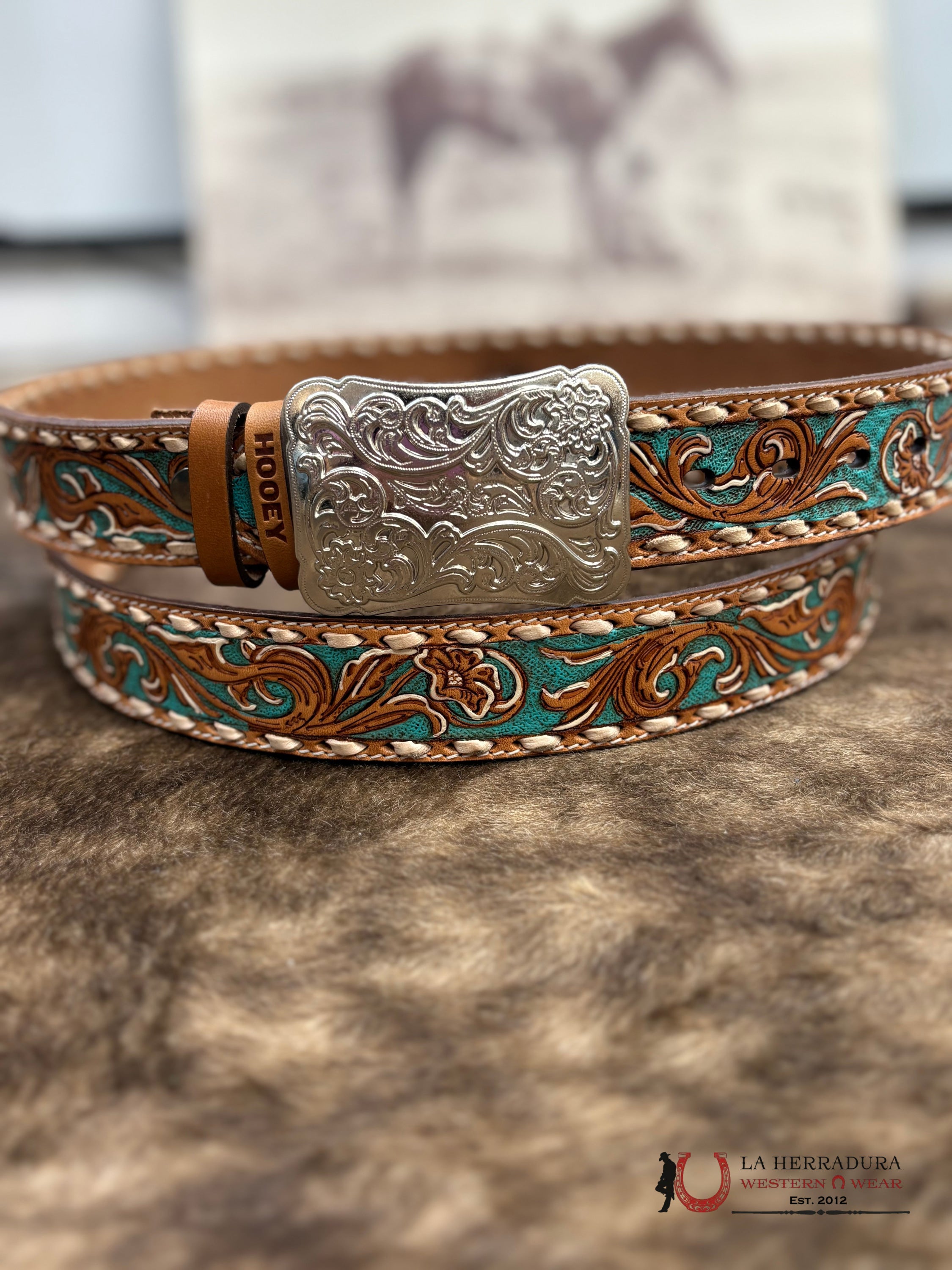 HOOEY WOMENS SONOMA’ BROWN/IVORY W/TURQUOISE FLORAL HAND TOOLED BELT CINTURONES MUJERES